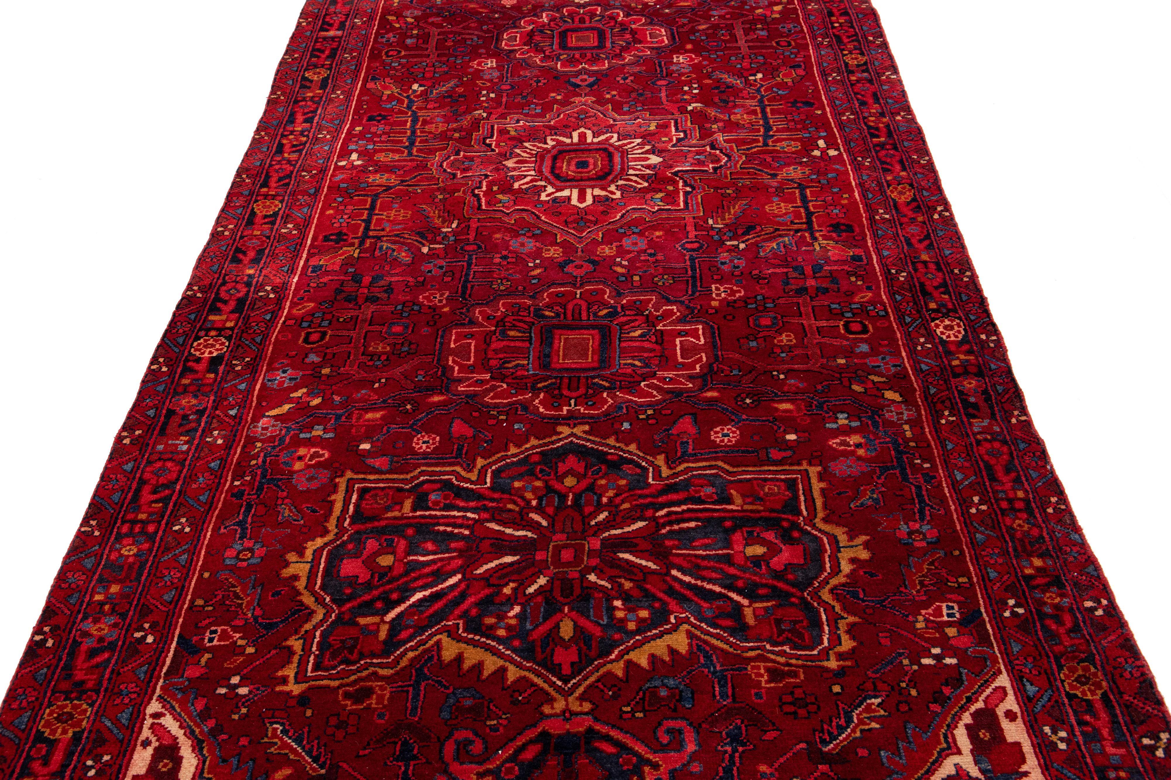 Heriz Serapi Antique Persian Heriz Red Handmade Wool Runner With Allover Pattern  For Sale