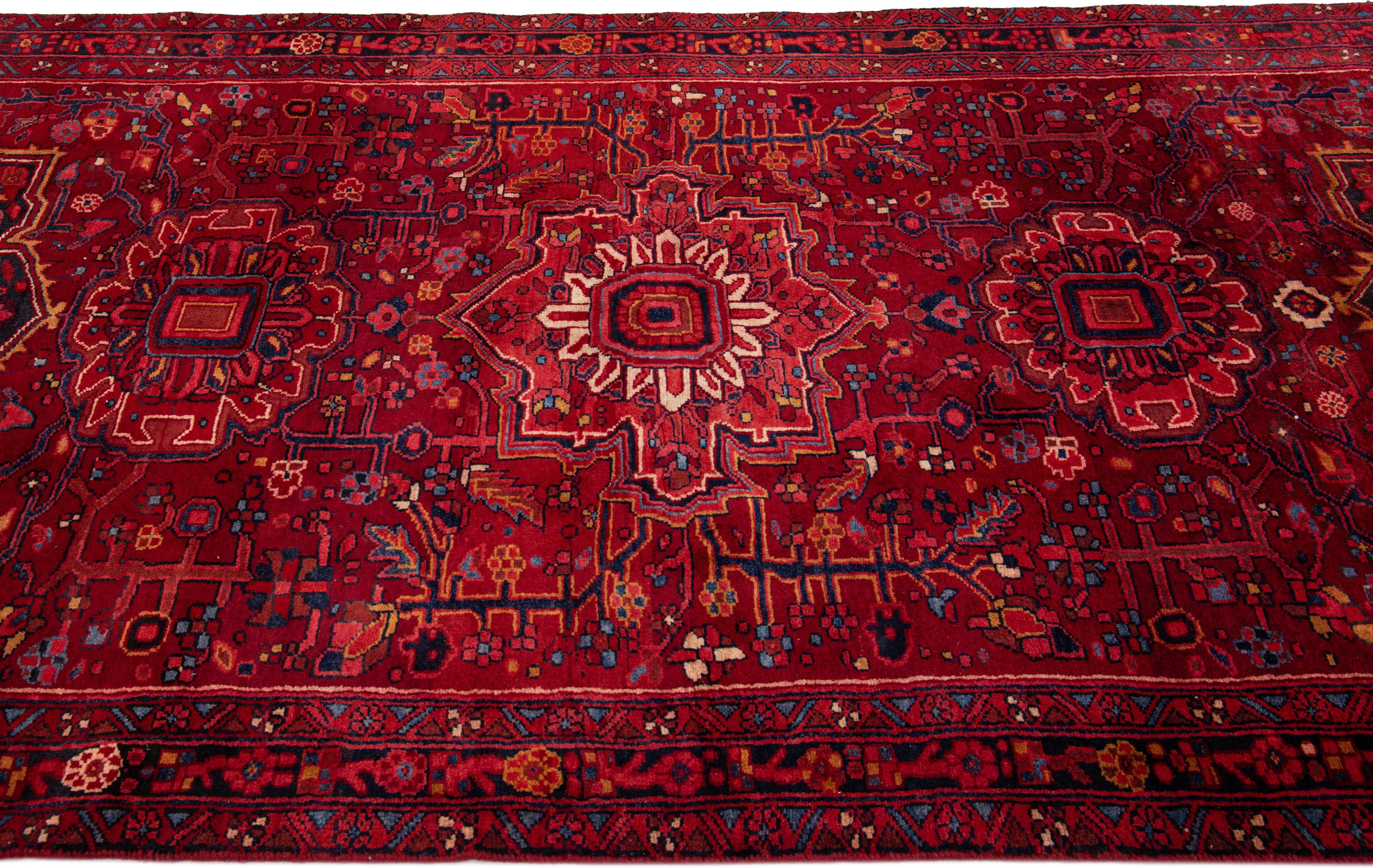 Hand-Knotted Antique Persian Heriz Red Handmade Wool Runner With Allover Pattern  For Sale