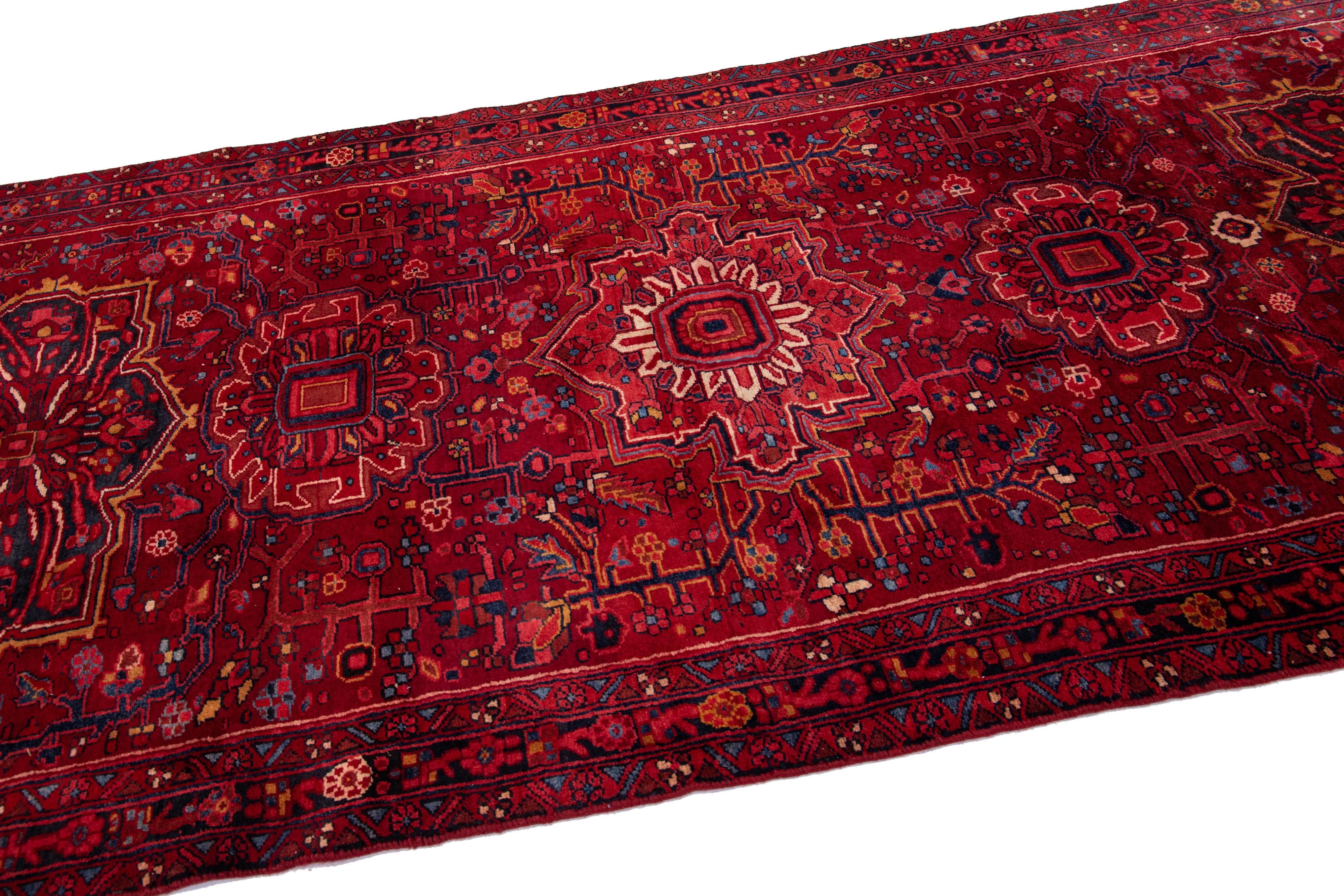 Antique Persian Heriz Red Handmade Wool Runner With Allover Pattern  In Good Condition For Sale In Norwalk, CT
