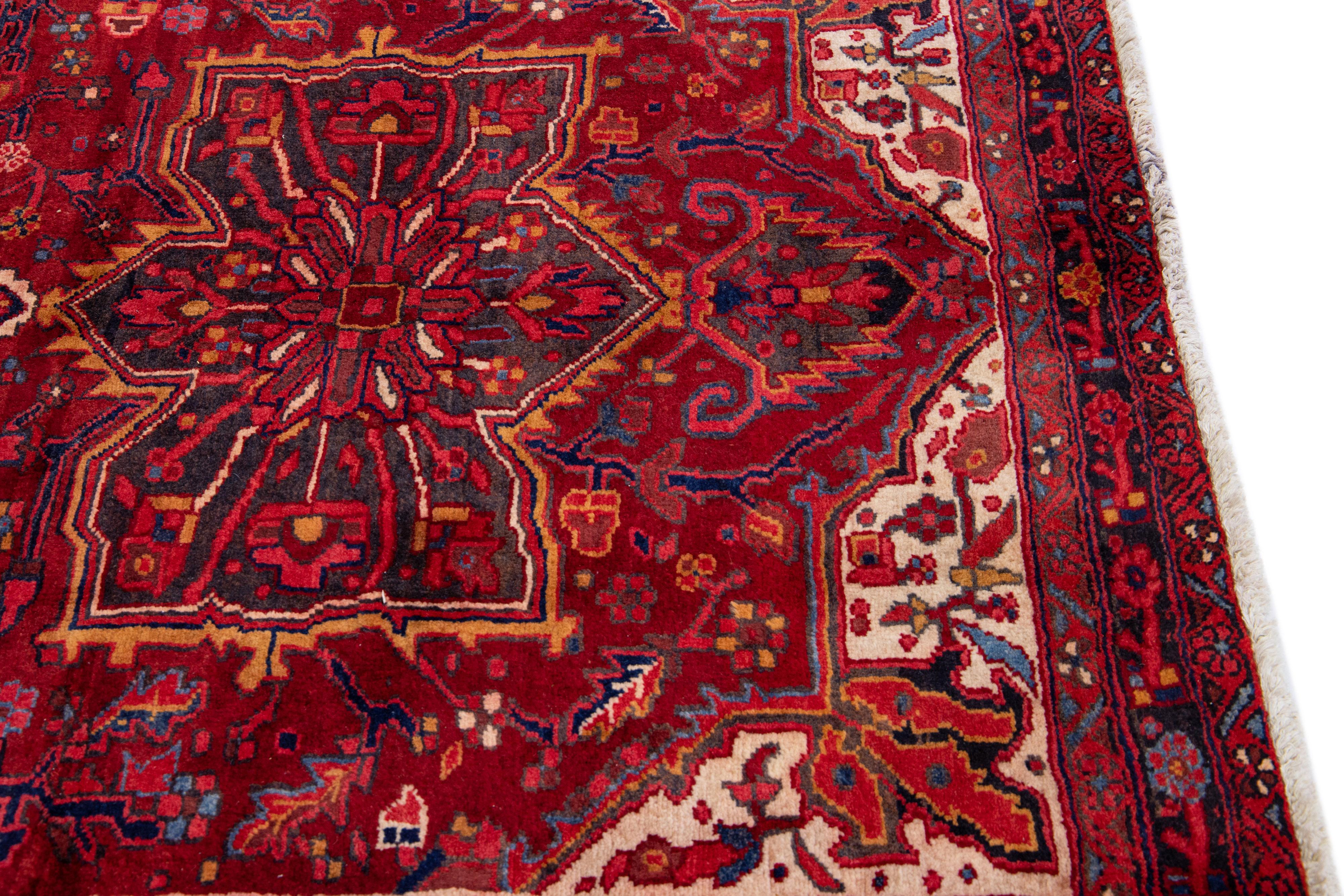 20th Century Antique Persian Heriz Red Handmade Wool Runner With Allover Pattern  For Sale