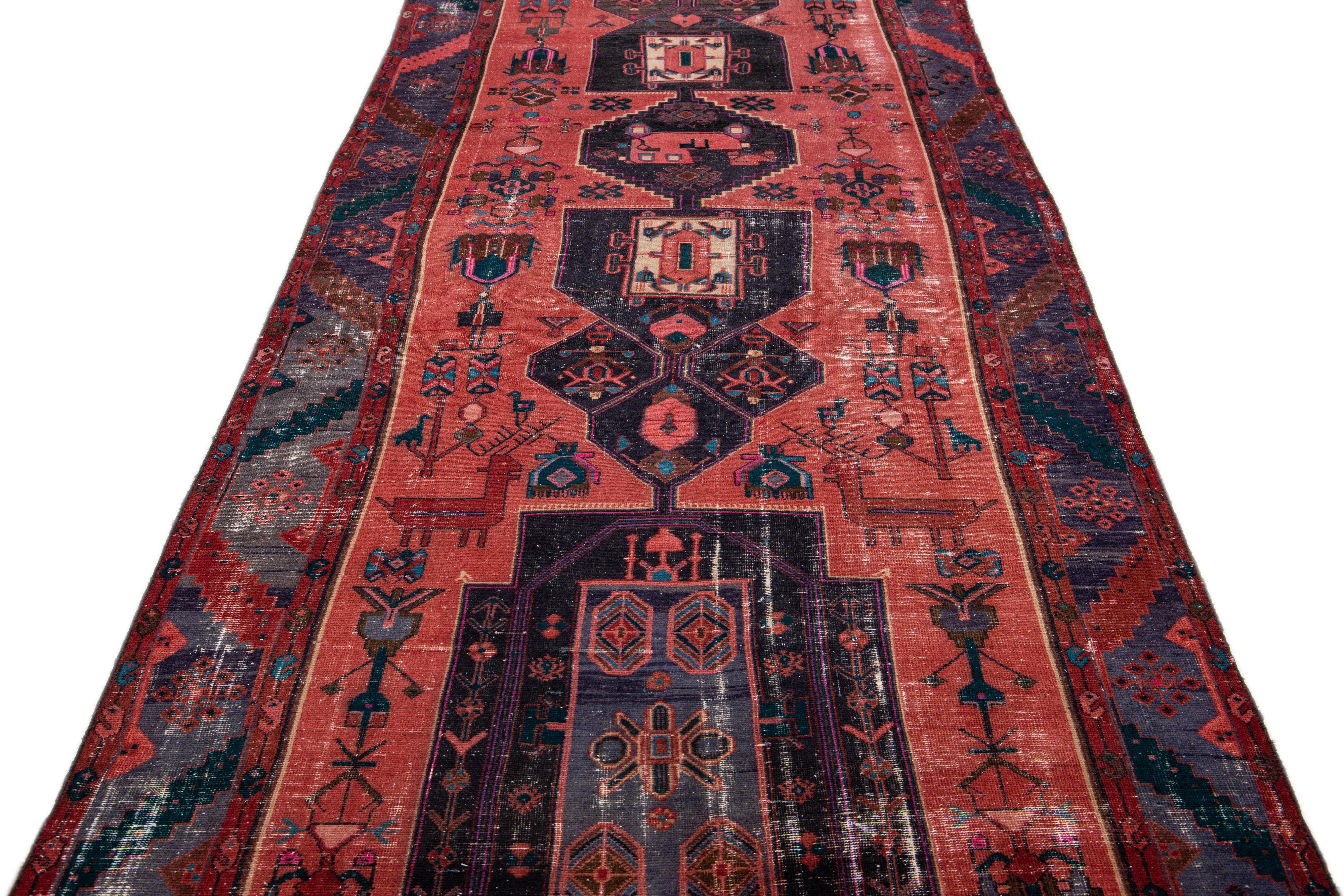 Heriz Serapi Antique Persian Heriz Red Handmade Wool Runner with Multicolor Tribal Design For Sale