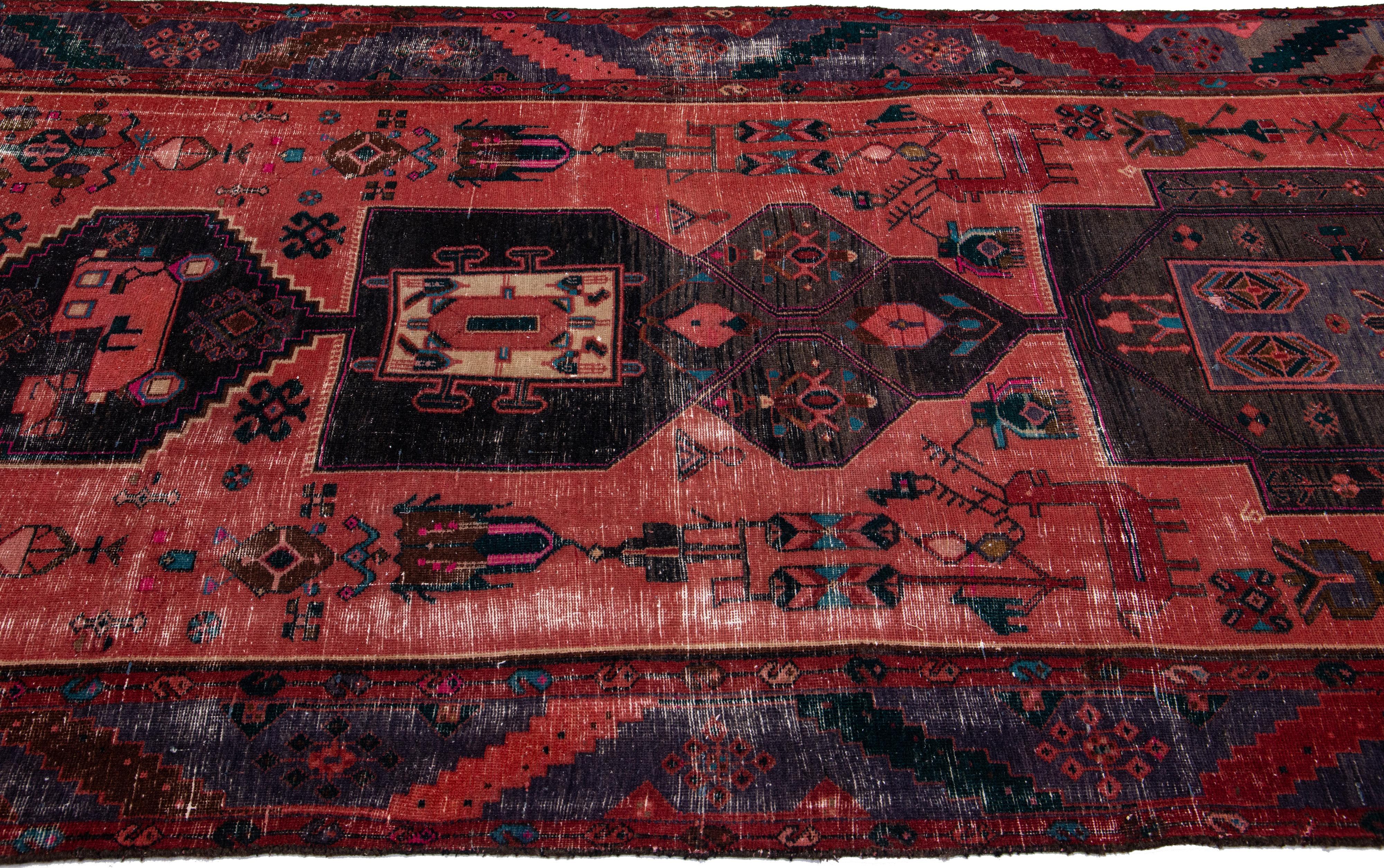 Antique Persian Heriz Red Handmade Wool Runner with Multicolor Tribal Design In Good Condition For Sale In Norwalk, CT