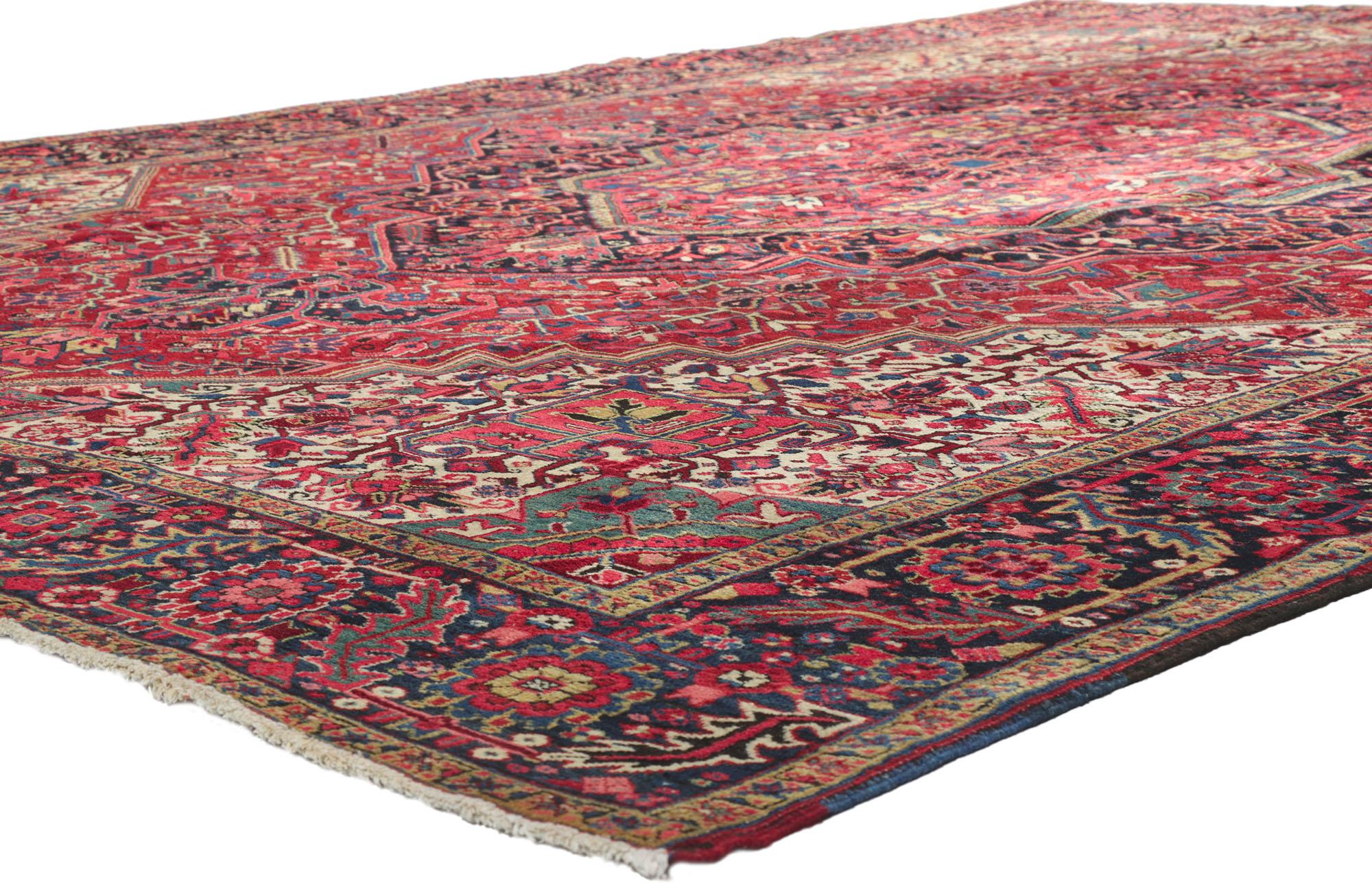 53777 Antique Persian Heriz rug, 11'05 x 14'06. Abrash. Hand-knotted wool. Made in Iran.