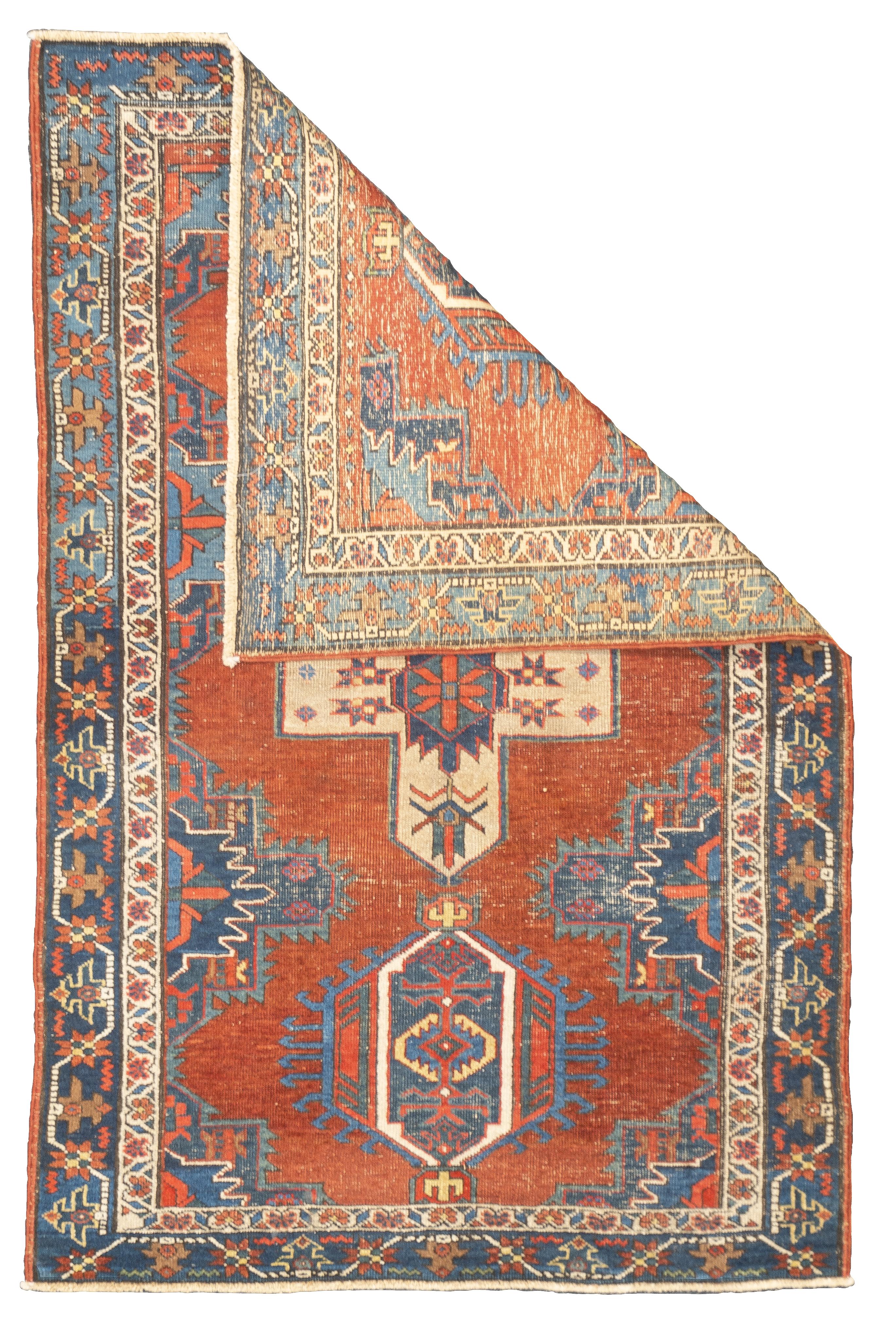 Antique Persian Heriz Rug 3'10'' x 4'5''. The numerous rugs of the famous NW Persian weaving district, from small scatters to giant carpets and a few runners, in semi-geometric medallion, centralized and strictly allover patterns, on cotton