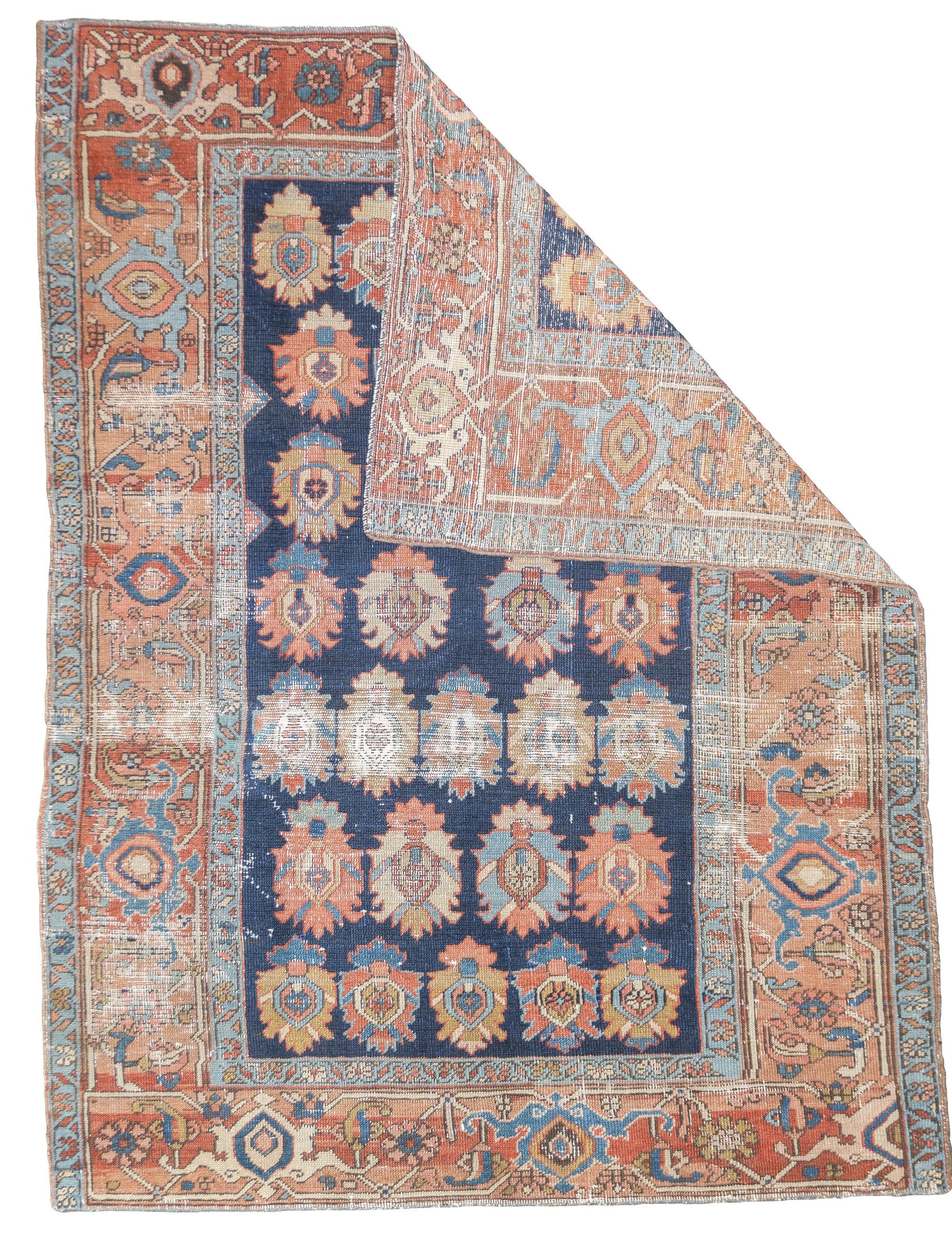 Antique Persian Heriz Rug 4'2'' x 5'6''. The numerous rugs of the famous NW Persian weaving district, from small scatters to giant carpets and a few runners, in semi-geometric medallion, centralised and strictly allover patterns, on cotton