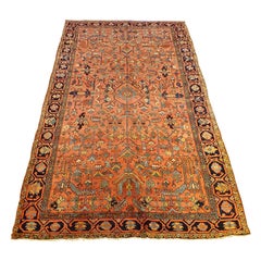 Antique Persian Heriz Rug, All-Over Coral Field, Navy Border
