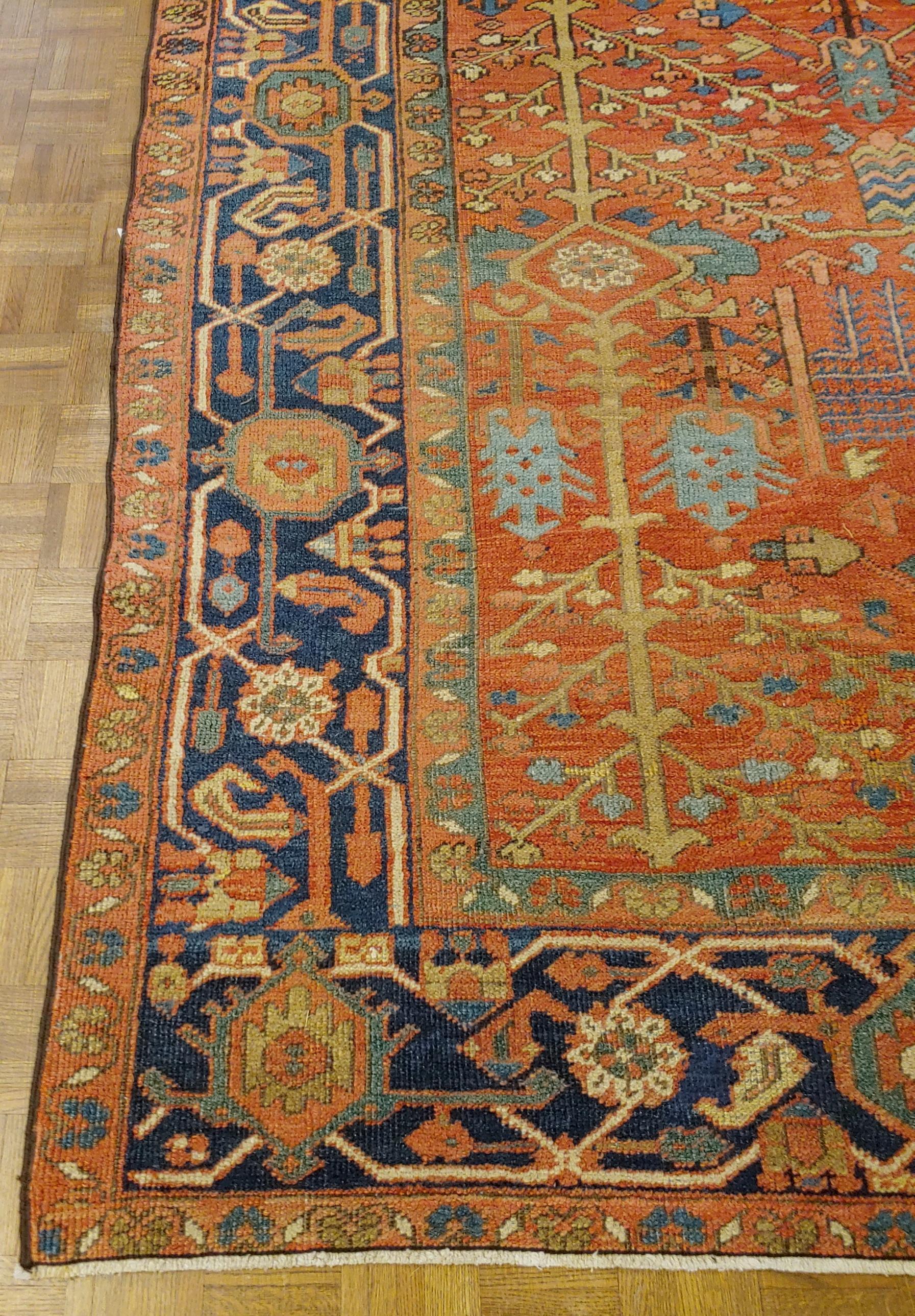 Very unusual all-over pattern early Persian Heriz. It is room size, 9-4 x 11-4. The field is covered in decorative tree designs such as weeping willows and cypresses, circa 1915.