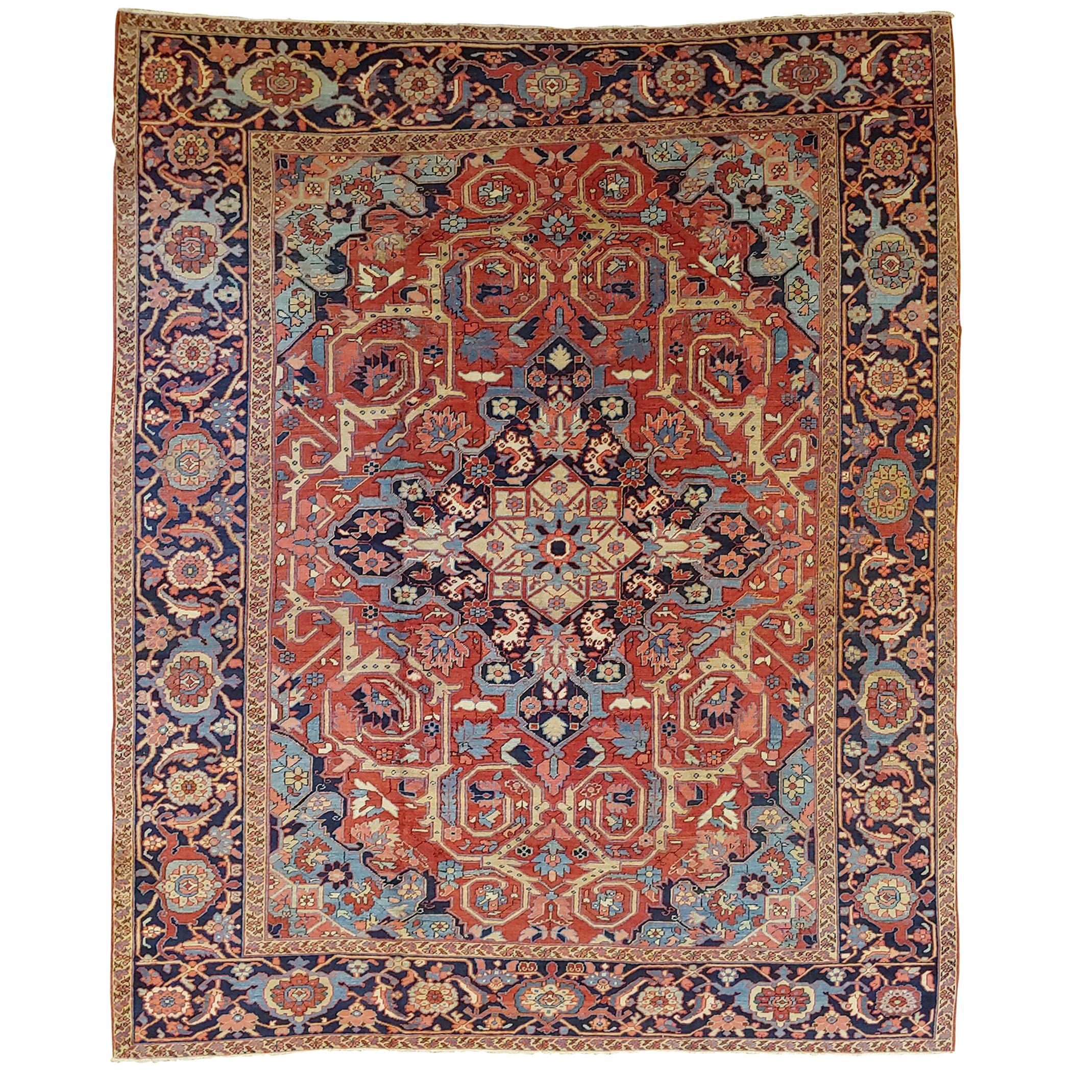 Antique Persian Heriz Rug Rust Wool Room Size, 1910