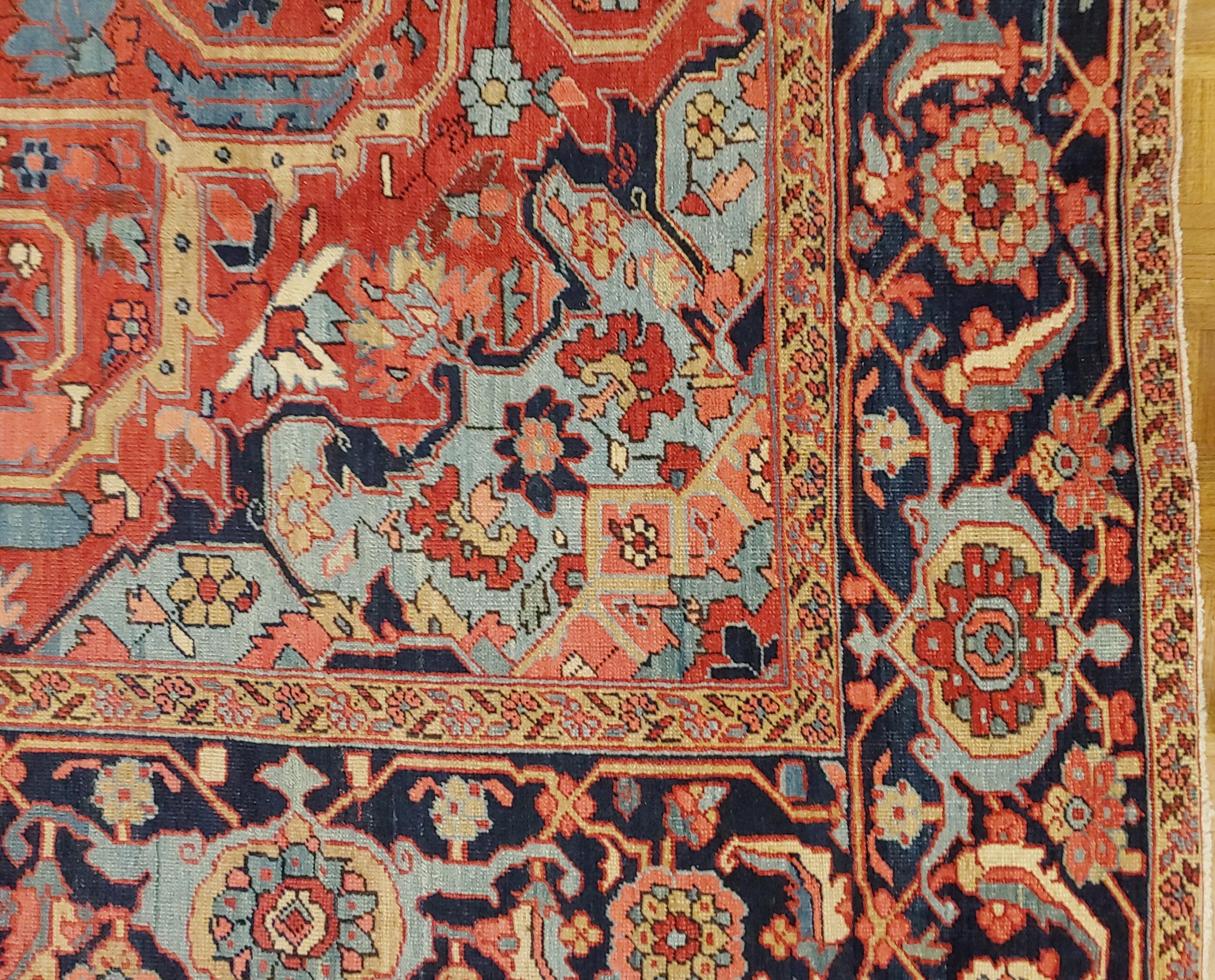 Antique Persian Heriz Rug Rust Wool Room Size, 1910 In Good Condition In Williamsburg, VA