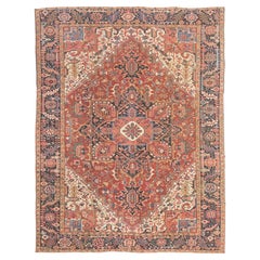 Antiker persischer Heriz-Teppich, kühnes geometrisches Medaillon-Design, 12,1 ft x 9,4 ft