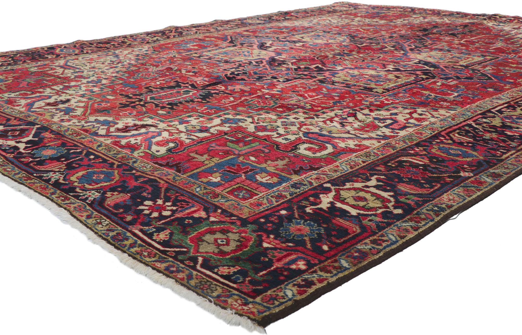 ??53776 antique Persian Heriz rug 08'01 x 11'00. ?With its effortless beauty and timeless appeal, this hand knotted wool antique Persian Heriz rug can beautifully blend modern, contemporary, and traditional interiors. Taking center stage of the