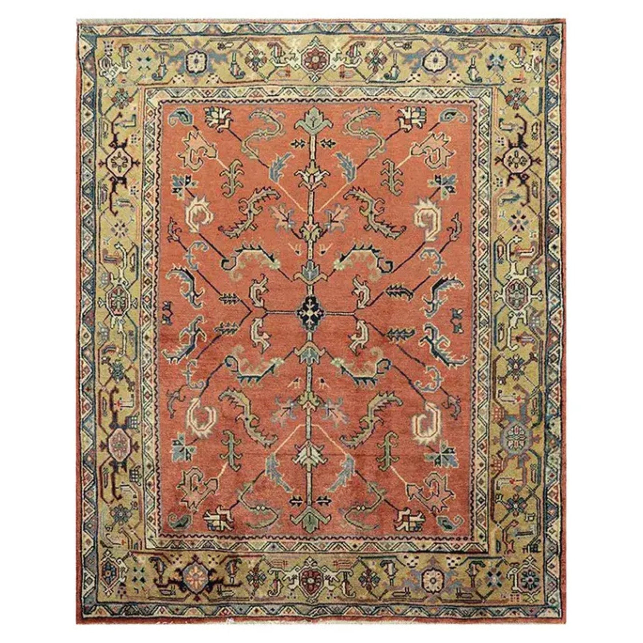 Antique Persian Heriz Rug, Hand-Knotted Wool, Geometric floral Design, 5’1″×6’2″