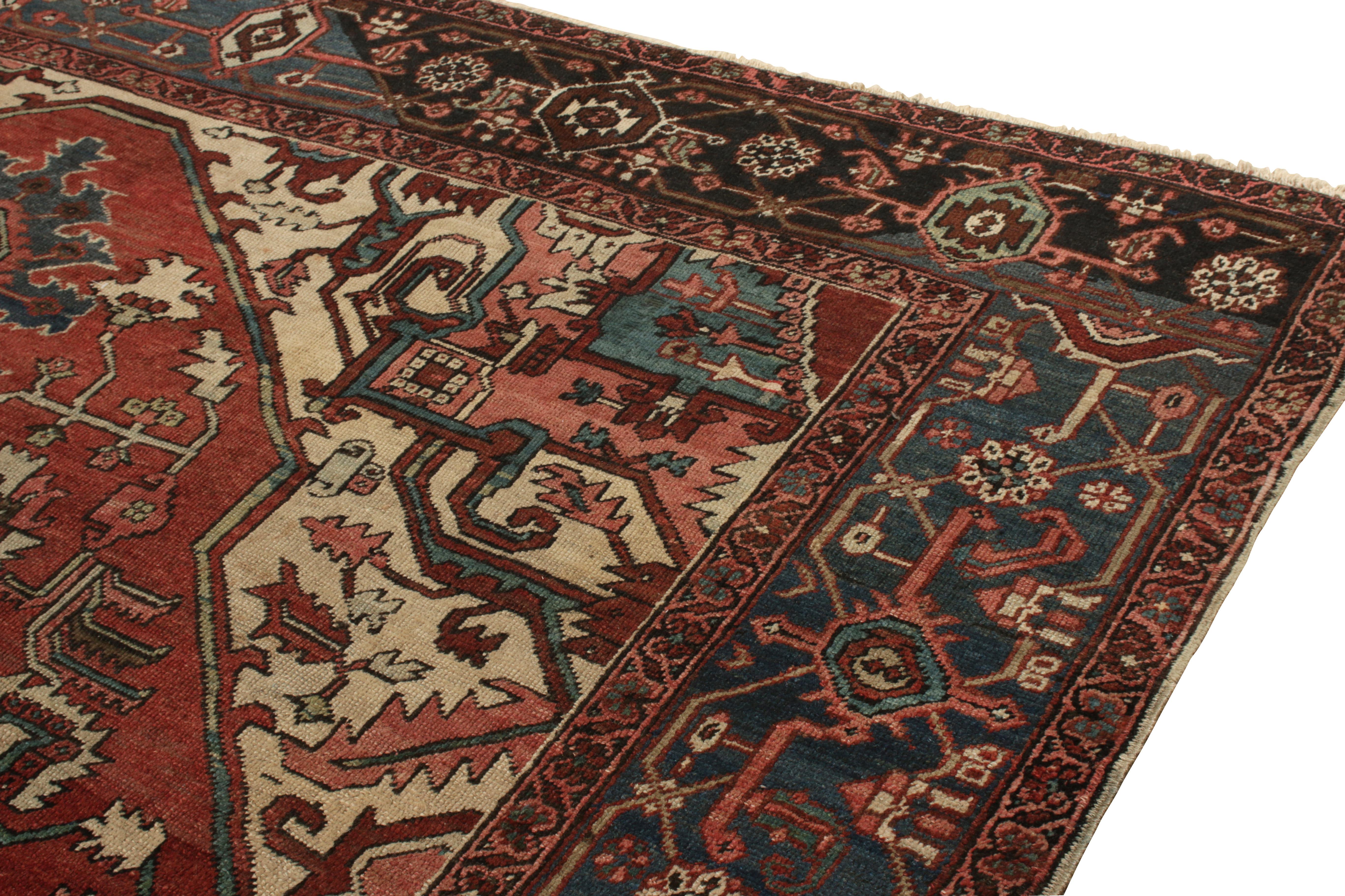 Hand-Knotted Antique Persian Heriz Rug in a Red, Blue, Beige Medallion Pattern by Rug & Kilim For Sale