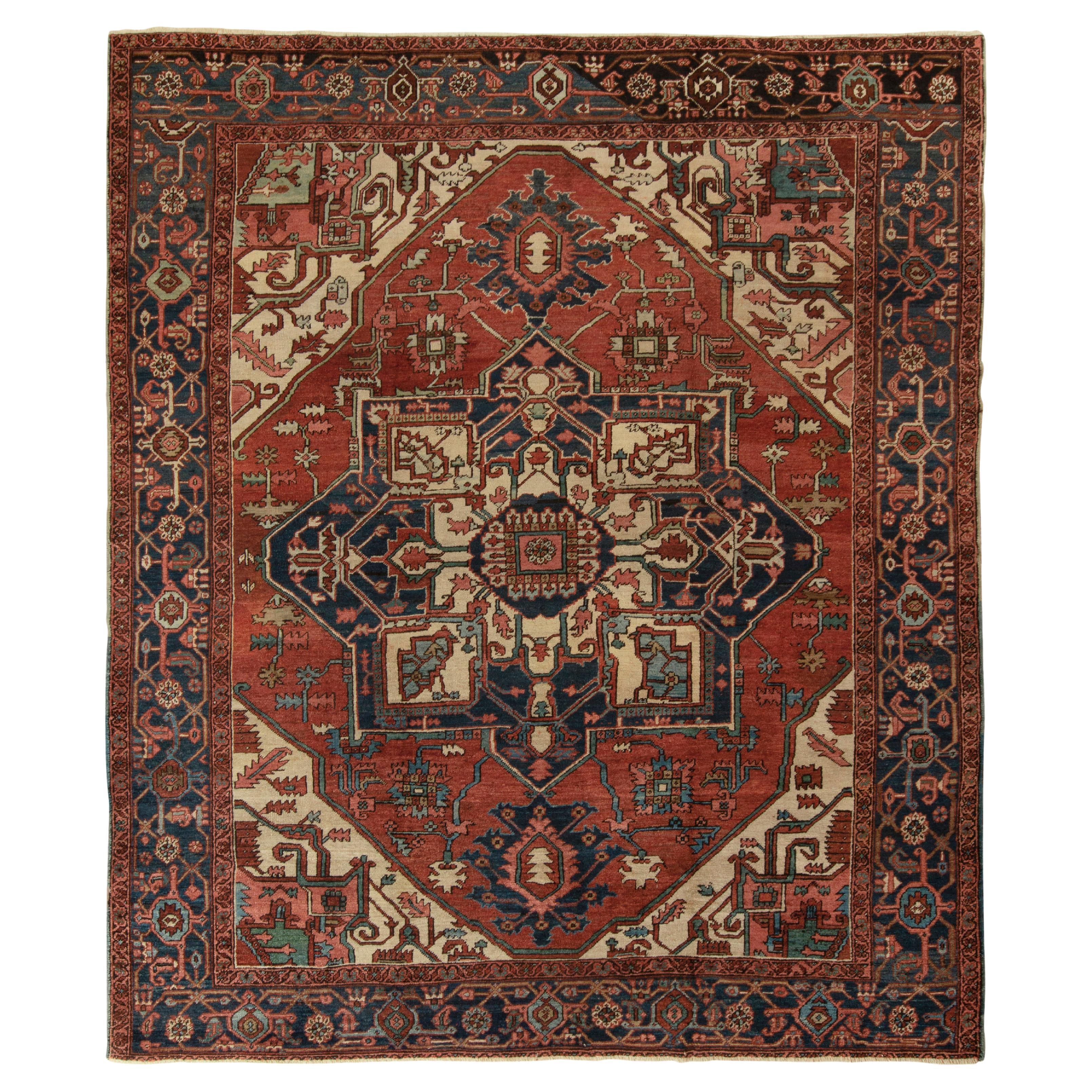 Antique Persian Heriz Rug in a Red, Blue, Beige Medallion Pattern by Rug & Kilim For Sale