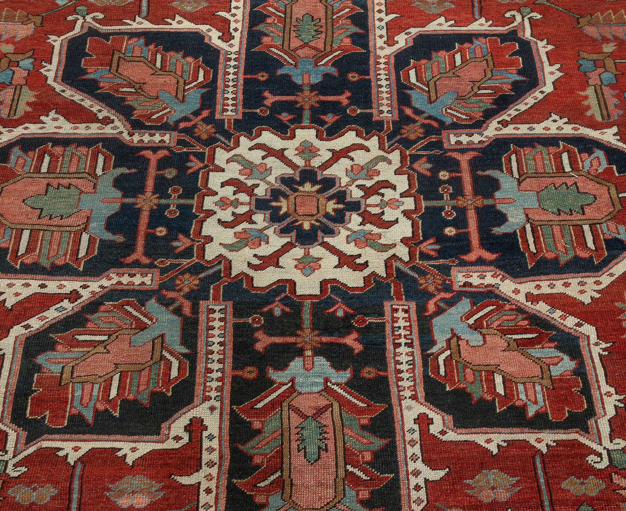 Heriz Serapi One-of-a-kind Antique Persian Heriz Rug in Beige, Blue, Pink, and Red