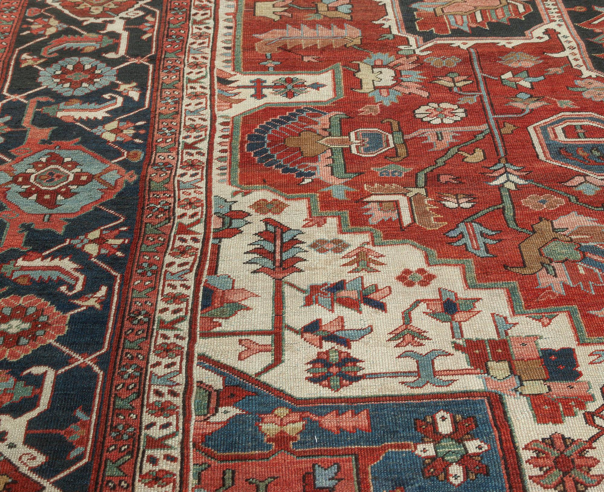 Hand-Knotted One-of-a-kind Antique Persian Heriz Rug in Beige, Blue, Pink, and Red