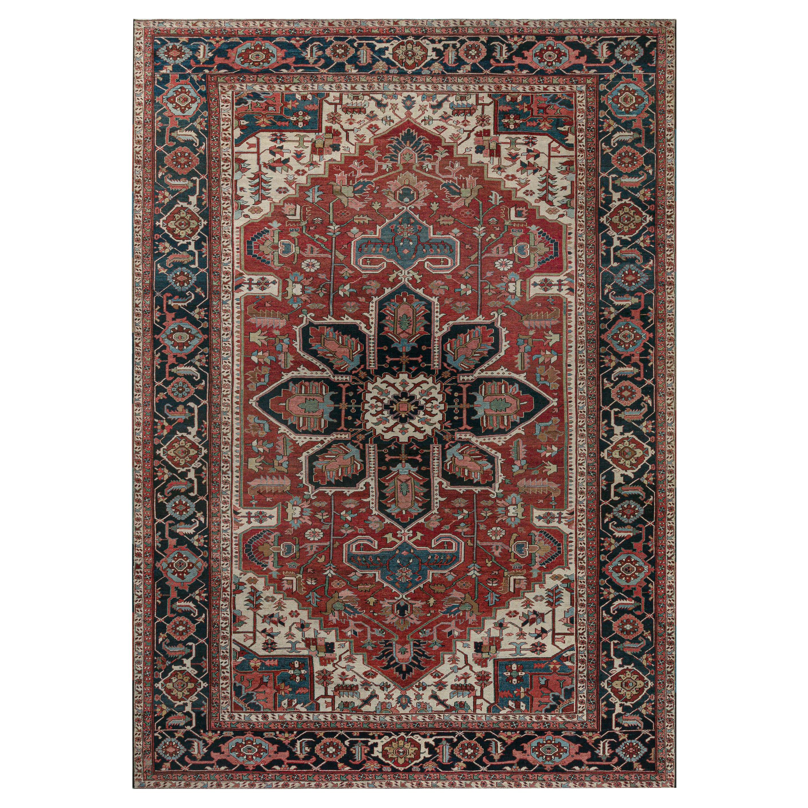 One-of-a-kind Antique Persian Heriz Rug in Beige, Blue, Pink, and Red