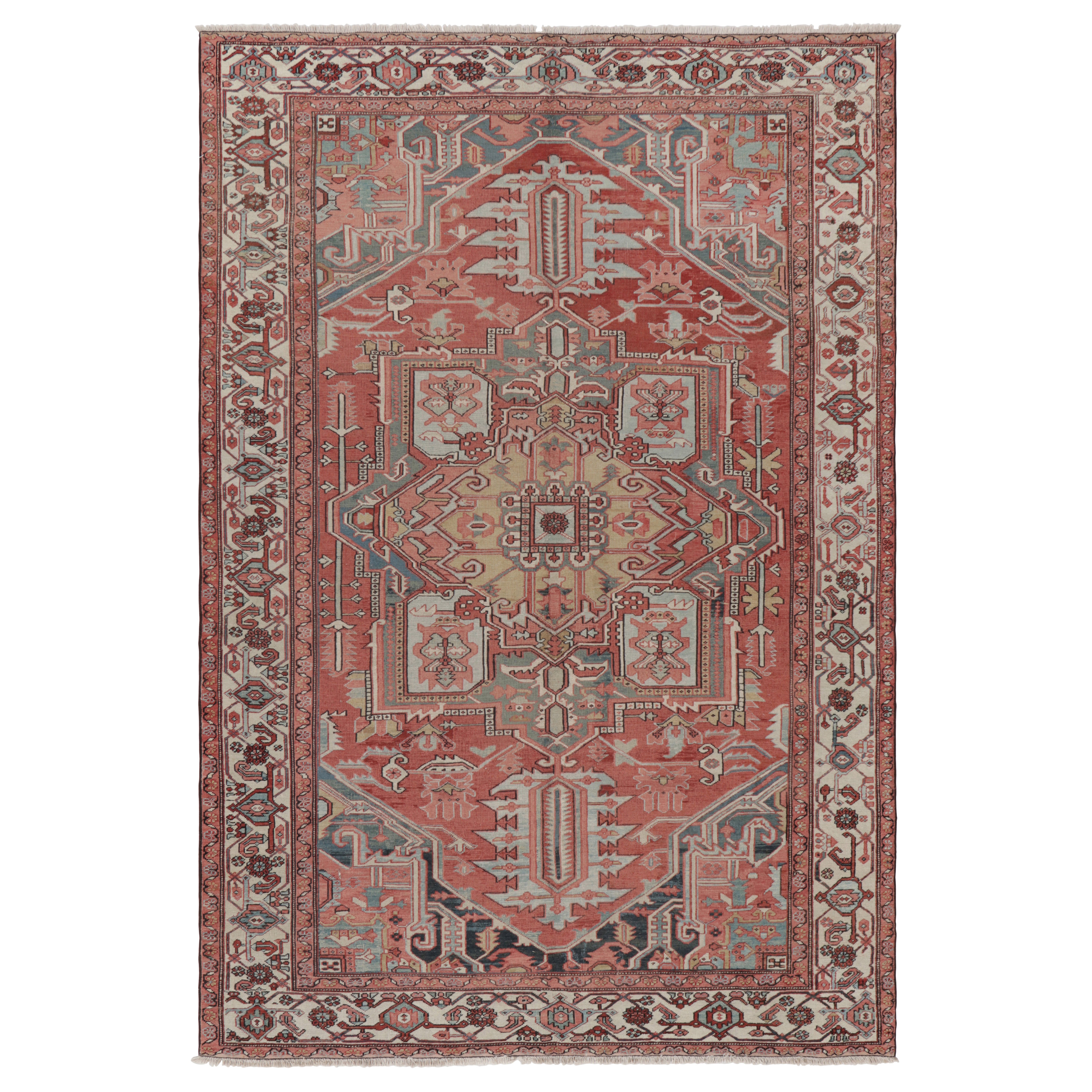 Antiker persischer Heriz-Teppich in Rot mit buntem geometrischem Medaillon - Rug & Kilim