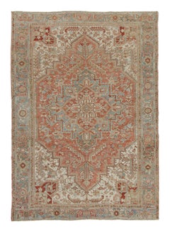 Antique Persian Heriz Rug in Red with Medallion and Dense Florals - Rug & Kilim