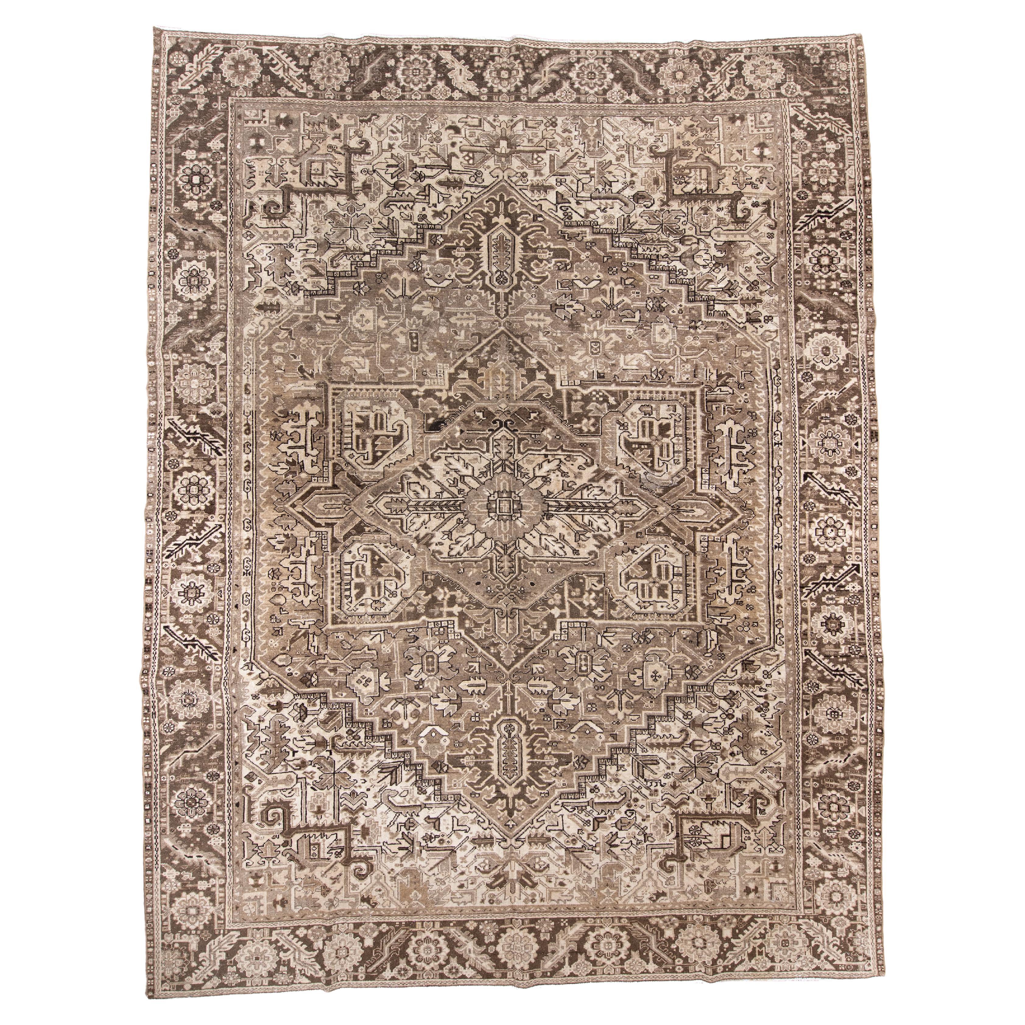 Antique Persian Heriz Rug in Soft Taupe, Ivory 
Warm Neutrals For Sale