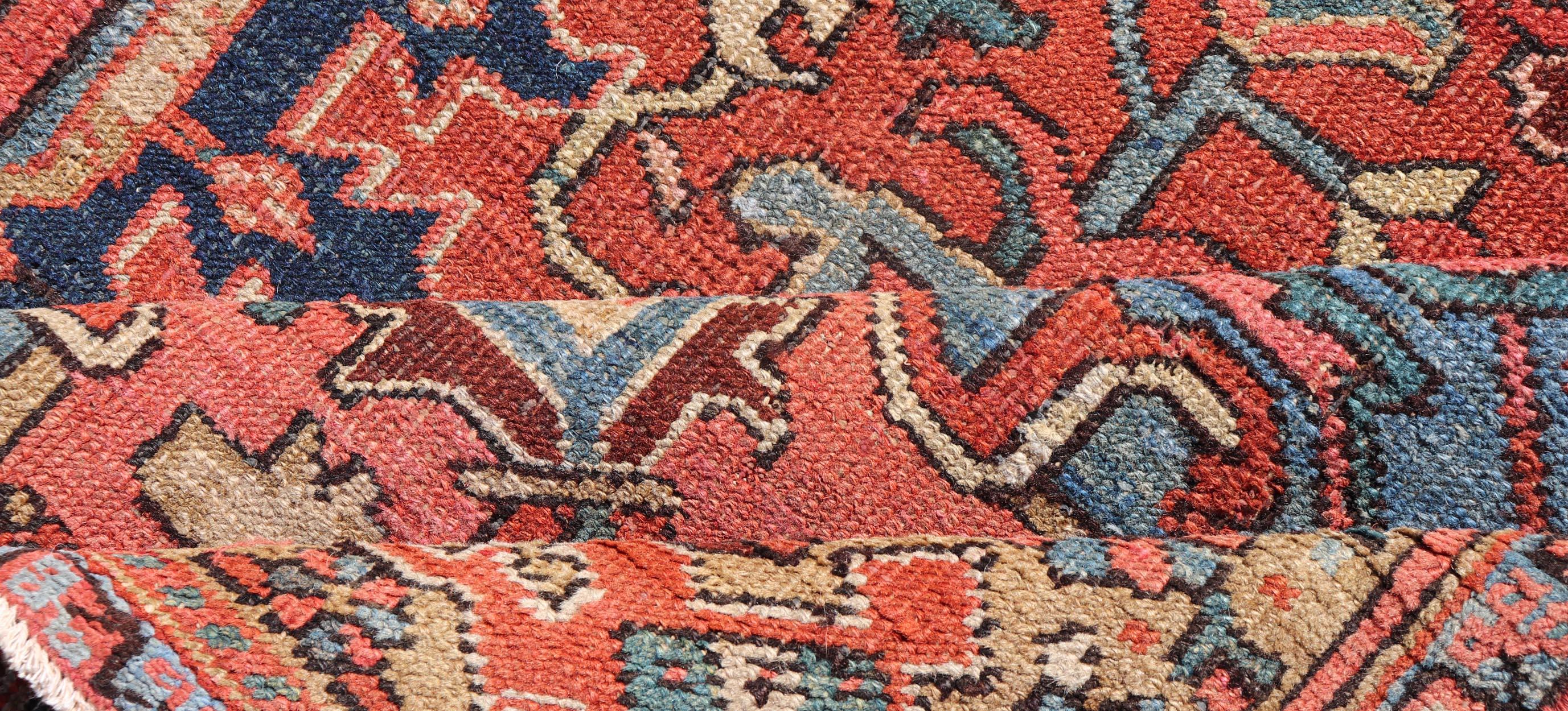 Antique Persian Heriz Rug in Wool with Geometric Medallion Design in Jewel Tones For Sale 5