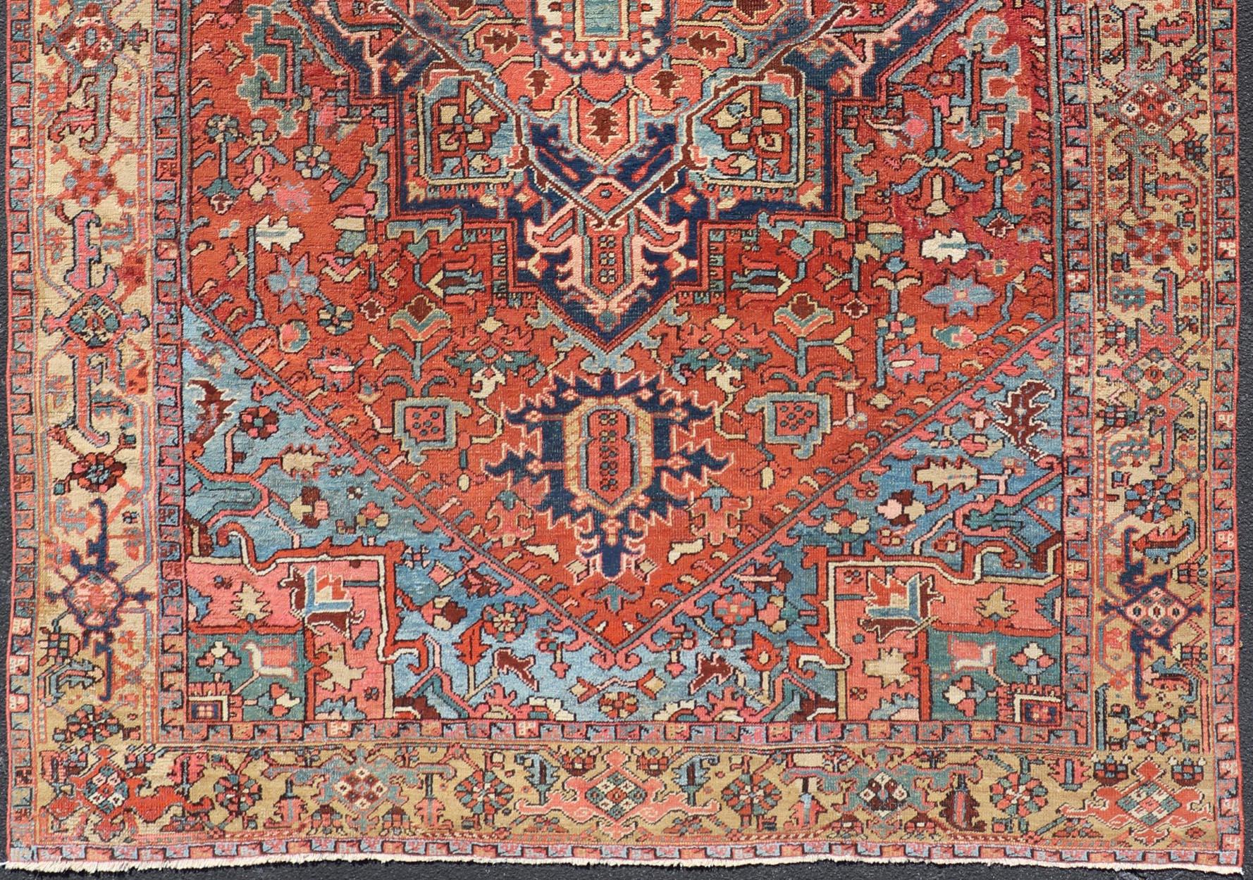 Heriz Serapi Antique Persian Heriz Rug in Wool with Geometric Medallion Design in Jewel Tones For Sale
