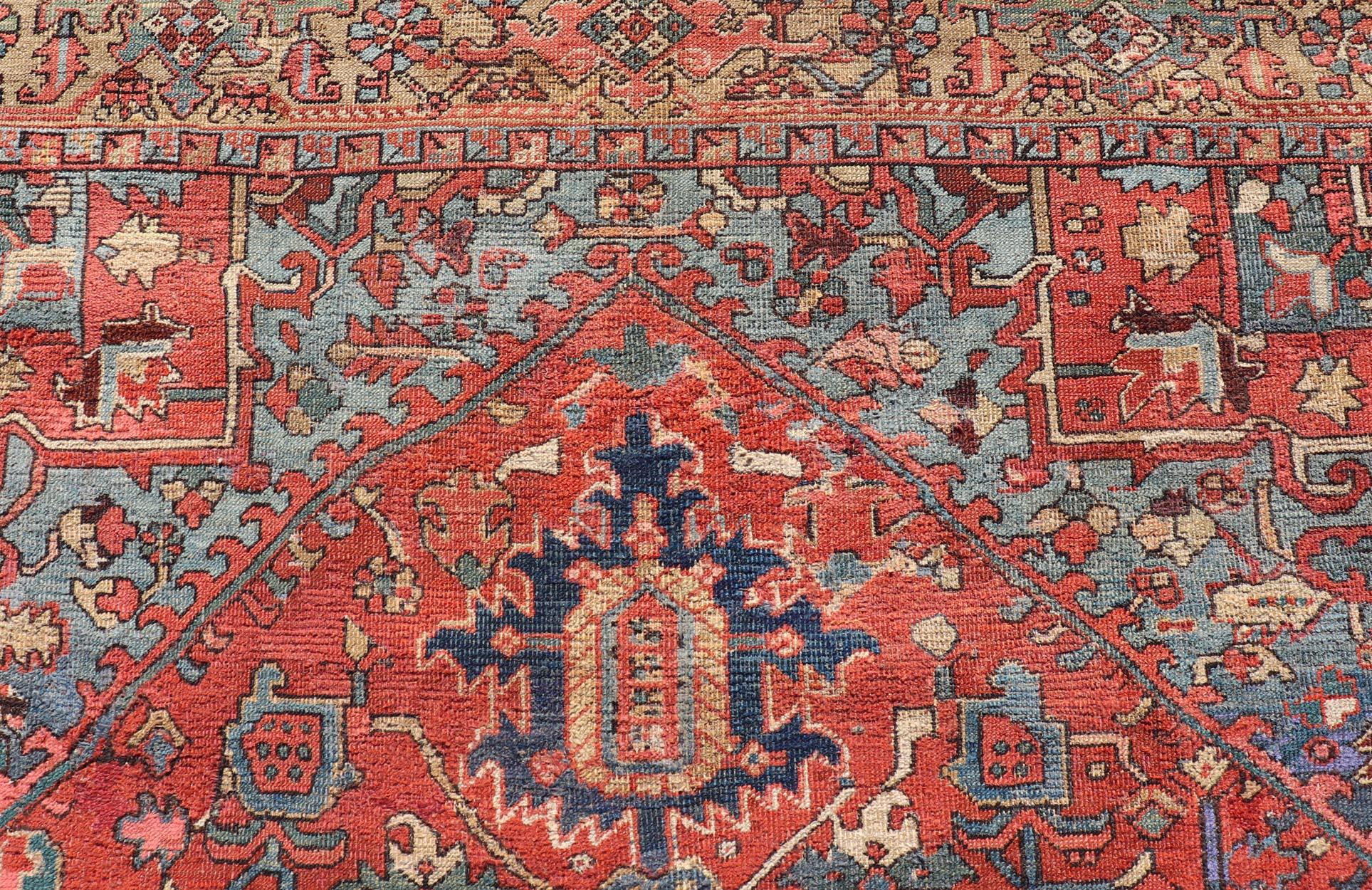 Antique Persian Heriz Rug in Wool with Geometric Medallion Design in Jewel Tones In Good Condition For Sale In Atlanta, GA