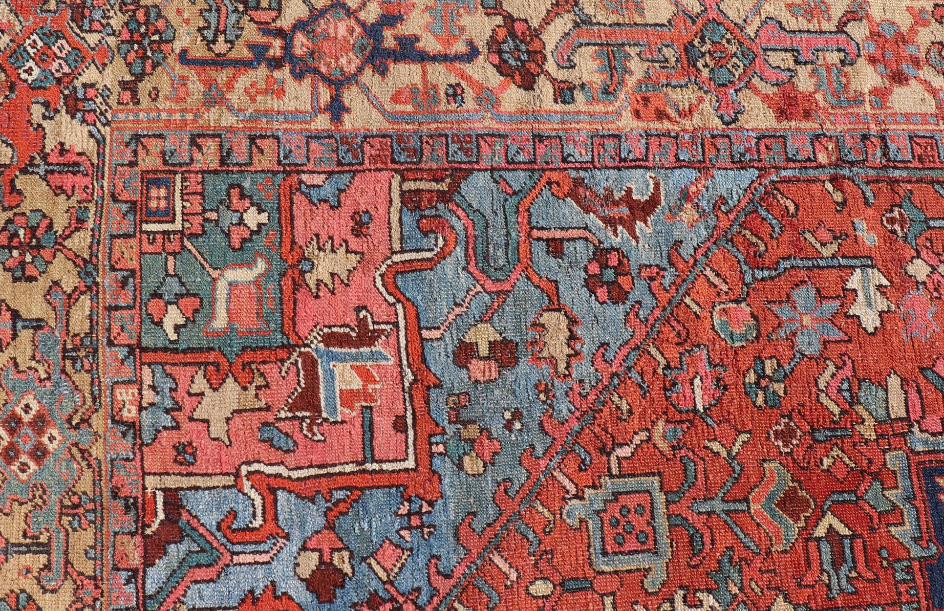 Antique Persian Heriz Rug in Wool with Geometric Medallion Design in Jewel Tones For Sale 1