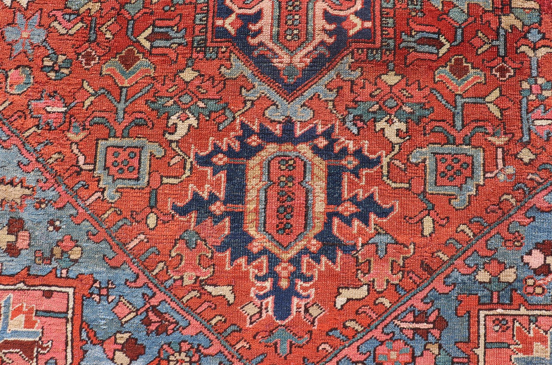 Antique Persian Heriz Rug in Wool with Geometric Medallion Design in Jewel Tones For Sale 2