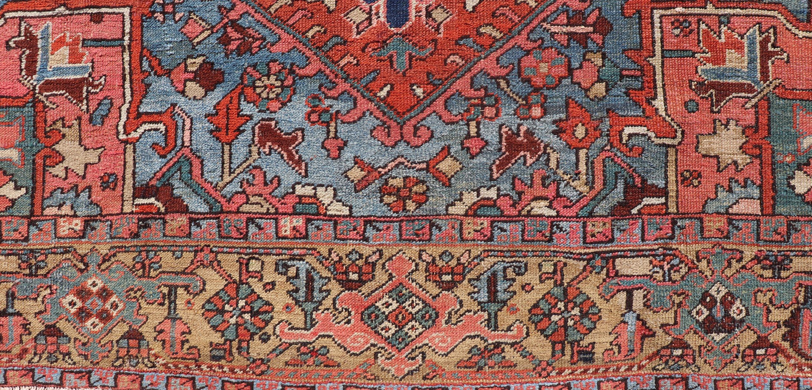 Antique Persian Heriz Rug in Wool with Geometric Medallion Design in Jewel Tones For Sale 3