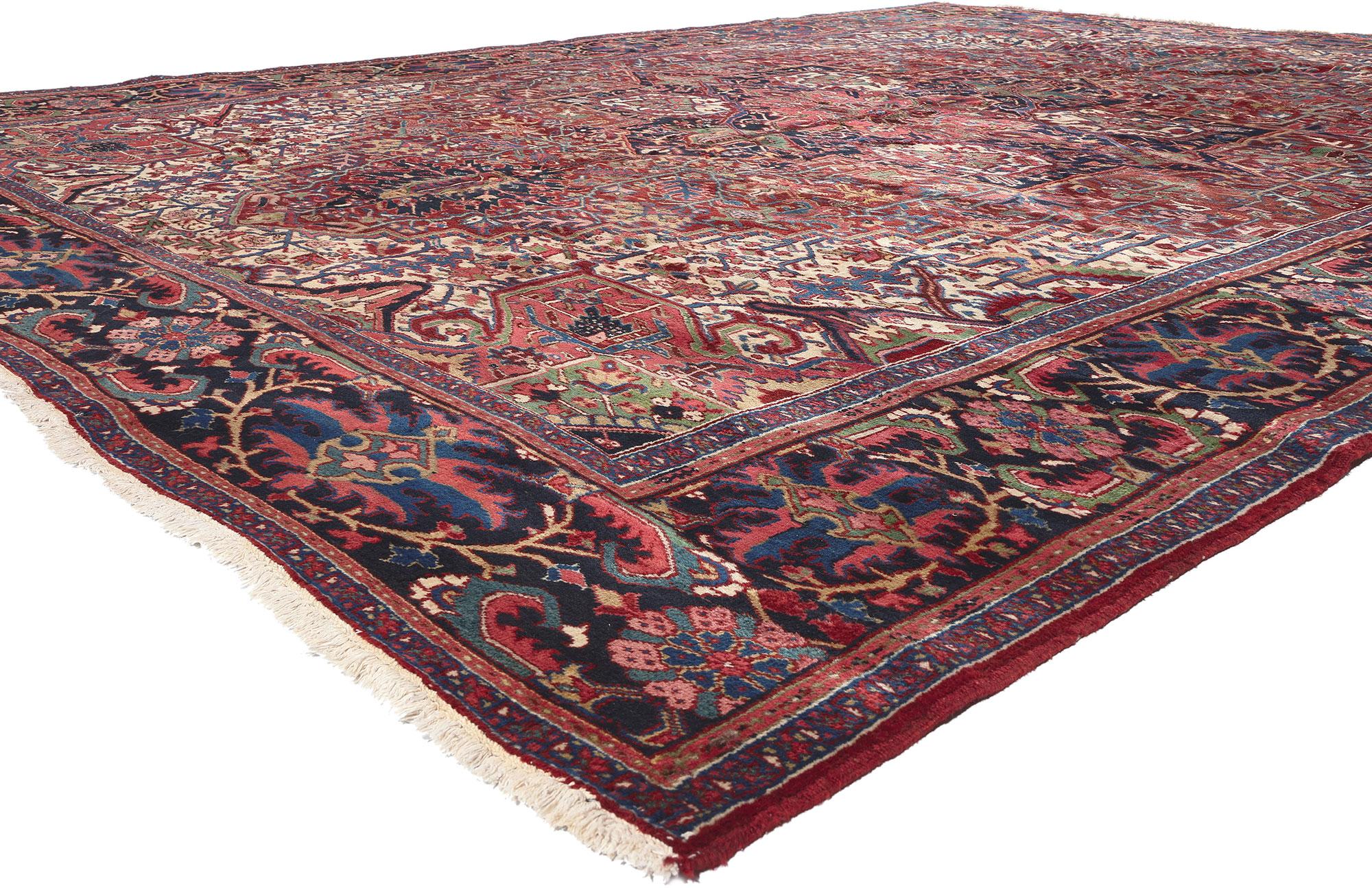 78341 Antique Persian Heriz Rug, 11'04 x 15'00. Heriz rugs, crafted in northwestern Iran, are renowned for their distinctive features. Produced in the village of Heris, nestled on the slopes of Mount Sabalan, these Persian rugs are characterized by