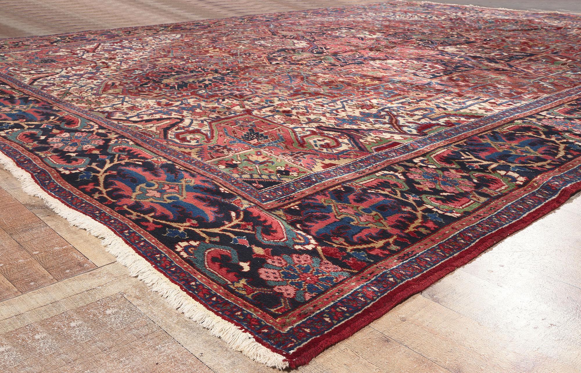 Wool Antique Persian Heriz Rug, Ivy League Prep Meets Old World Charm For Sale