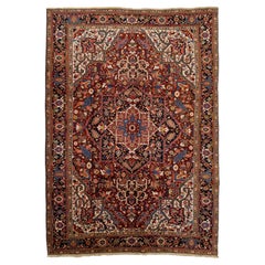 Antico tappeto persiano Heriz - Grande medaglione geometrico annodato a mano in lana rossa