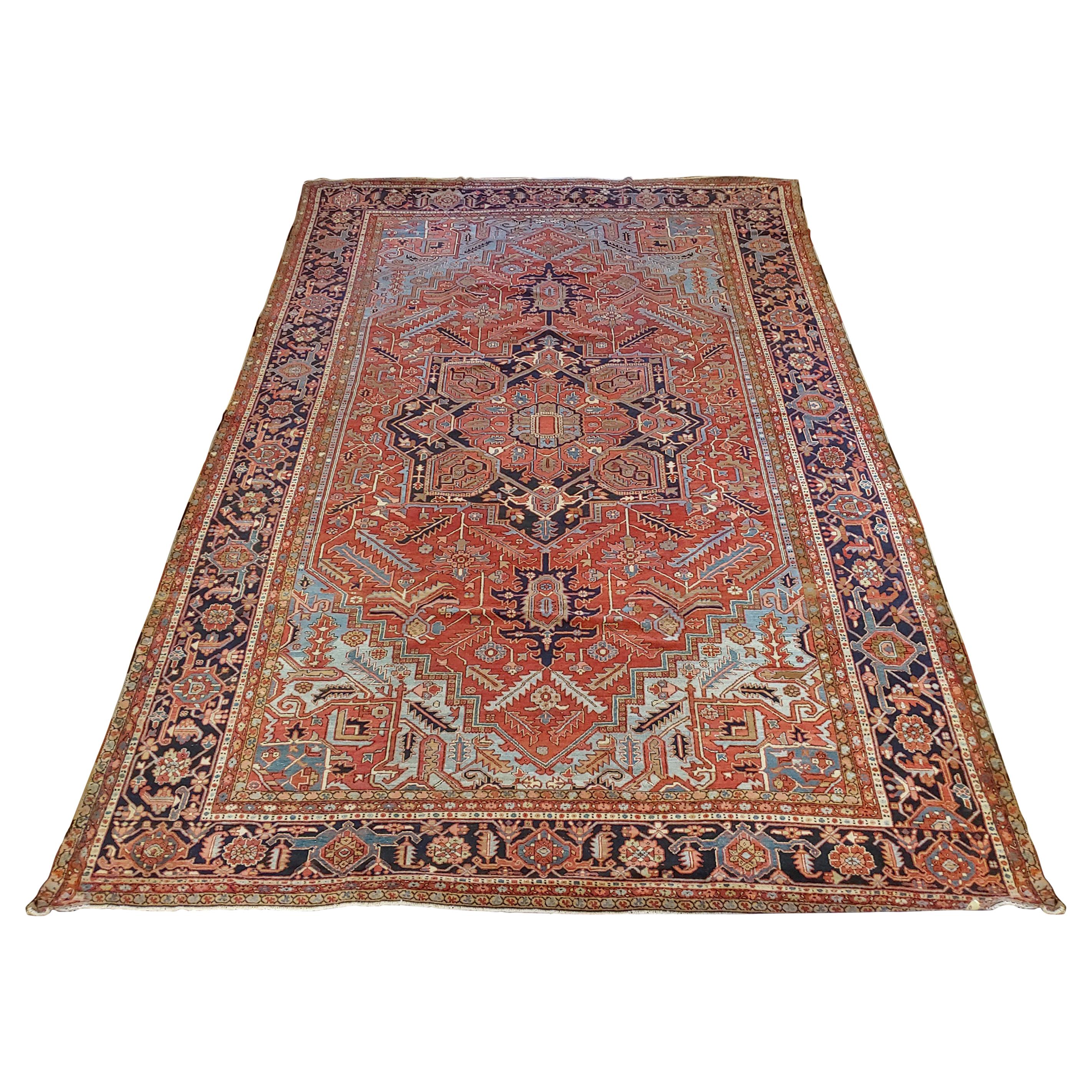 Antique Persian Heriz Rug, Palace, Rust and Light Blue, Size Decorative, 1910 For Sale