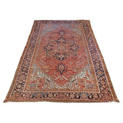 Antique Persian Heriz Rug, Palace, Rust and Light Blue, Size Decorative, 1910