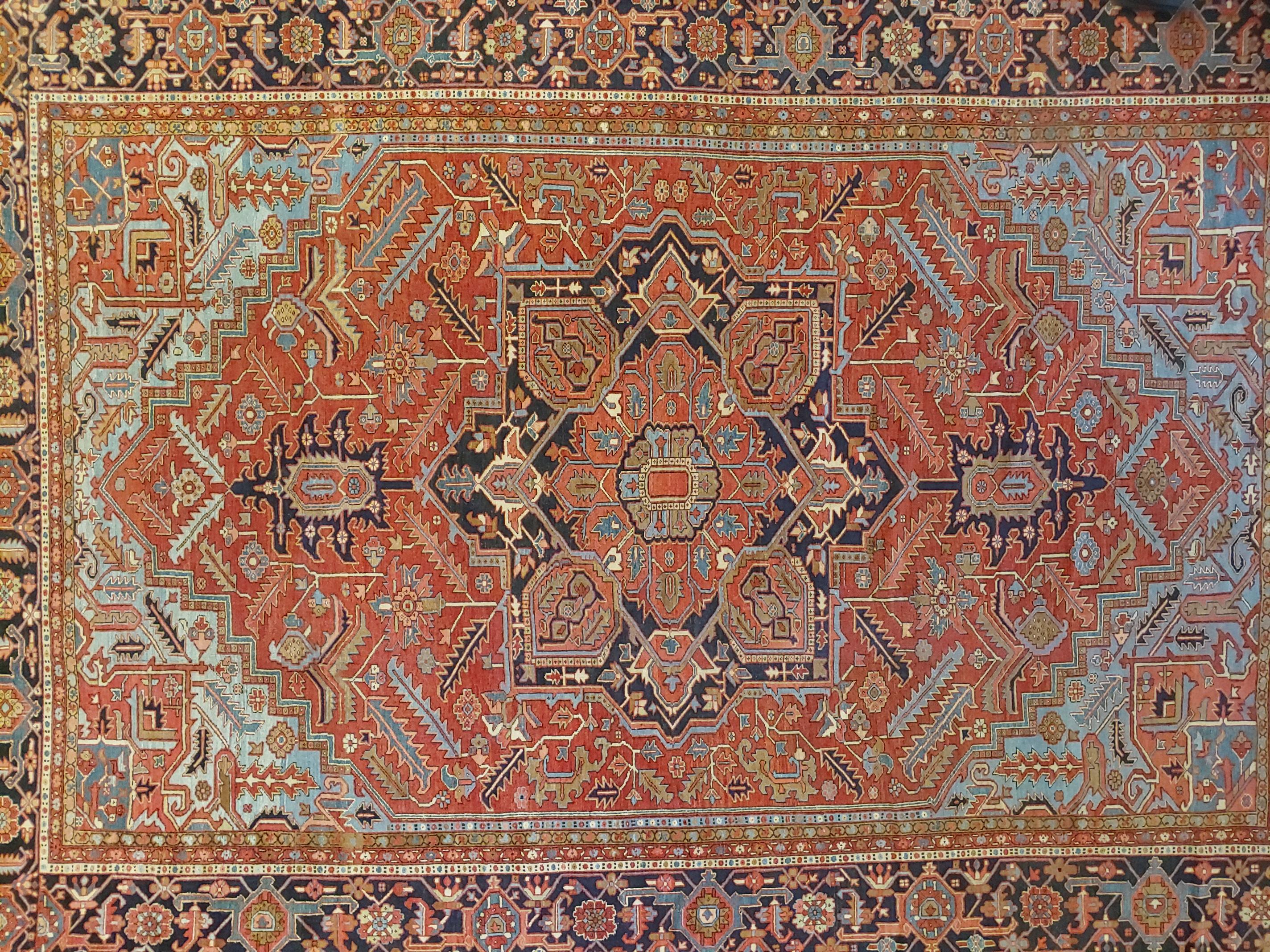 Heriz Serapi Antique Persian Heriz Rug, Palace, Rust and Light Blue, Size Decorative, 1910 For Sale