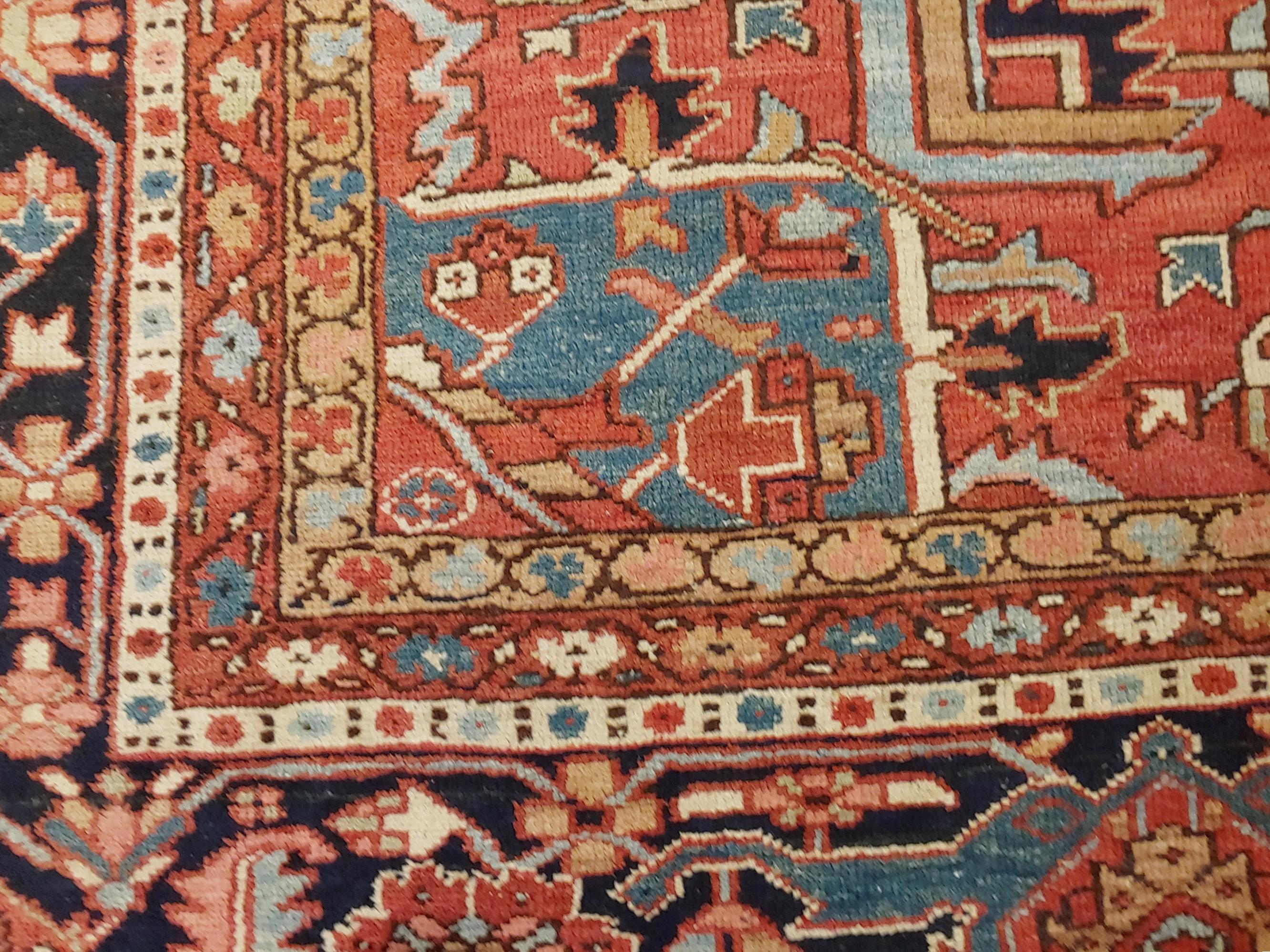 Azerbaijani Antique Persian Heriz Rug, Palace, Rust and Light Blue, Size Decorative, 1910 For Sale