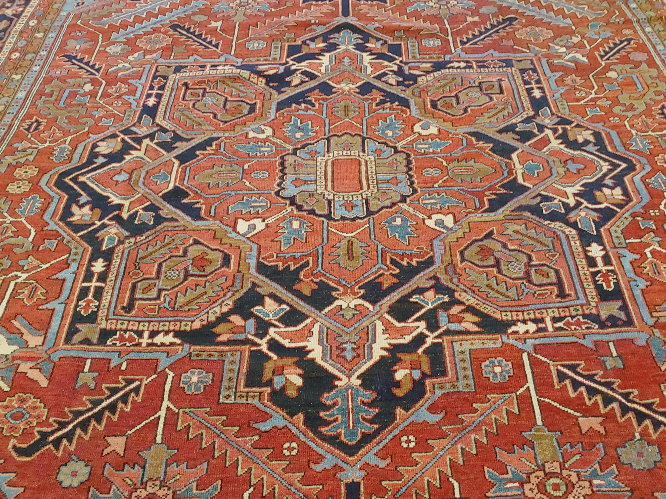 Woven Antique Persian Heriz Rug, Palace, Rust and Light Blue, Size Decorative, 1910 For Sale