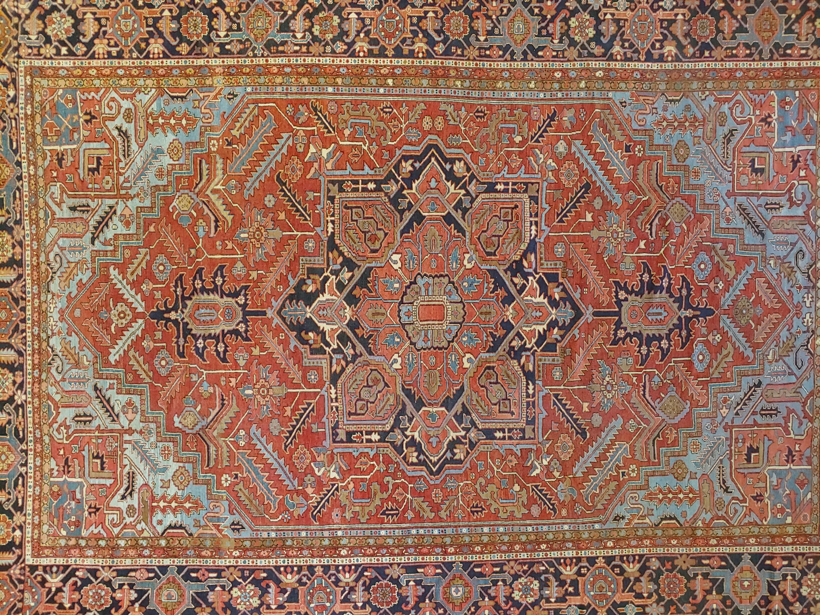 Antique Persian Heriz Rug, Palace, Rust and Light Blue, Size Decorative, 1910 In Good Condition For Sale In Williamsburg, VA