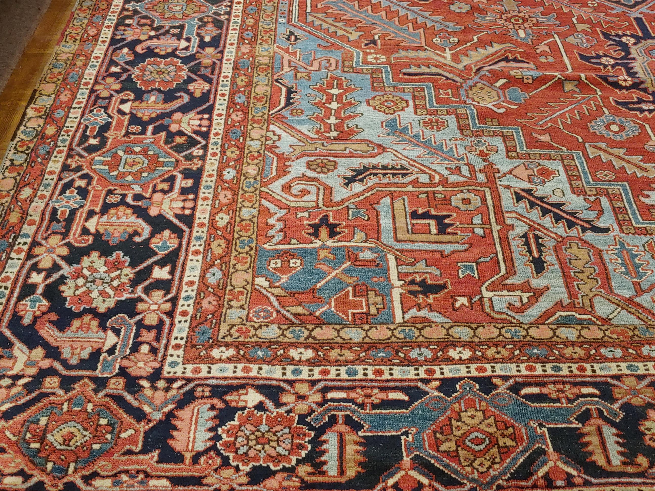 20th Century Antique Persian Heriz Rug, Palace, Rust and Light Blue, Size Decorative, 1910 For Sale