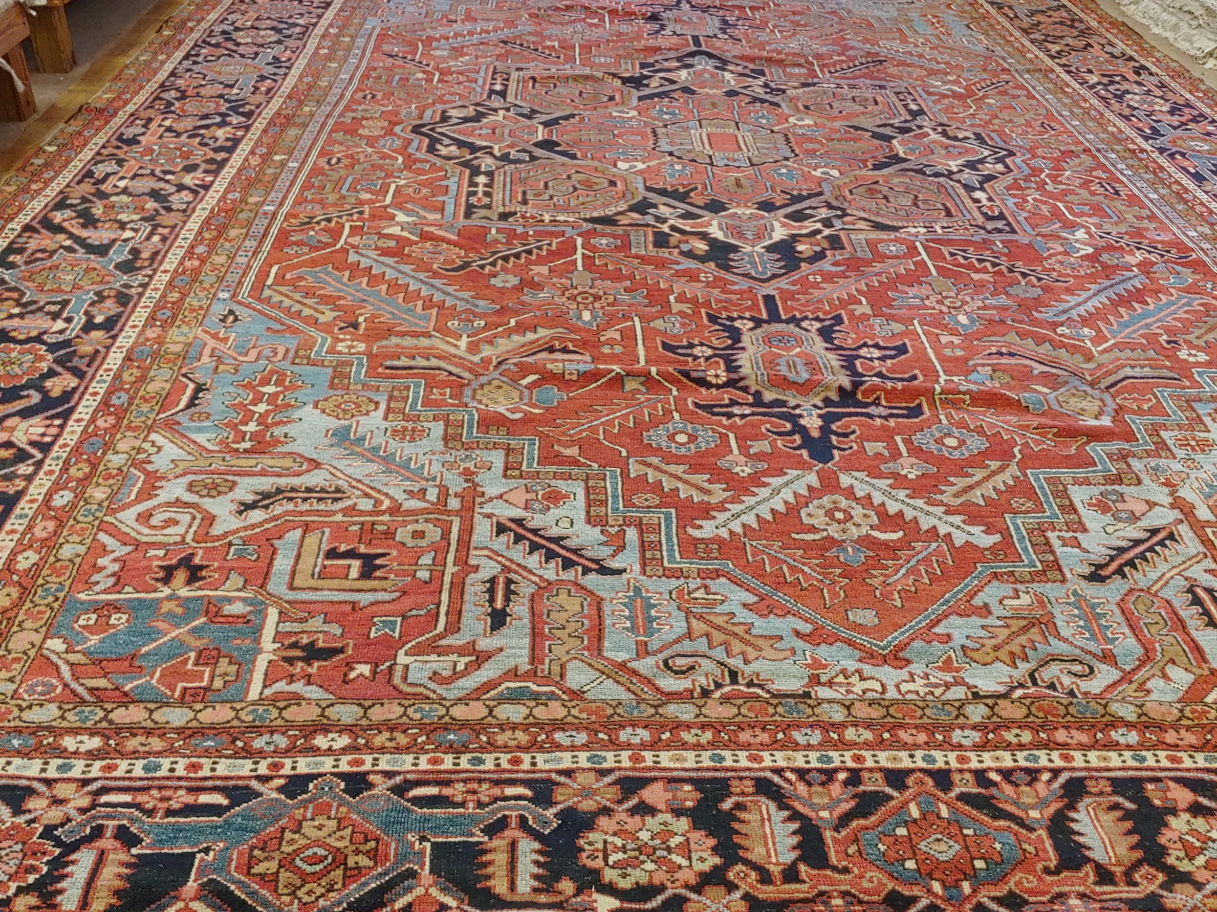Wool Antique Persian Heriz Rug, Palace, Rust and Light Blue, Size Decorative, 1910 For Sale