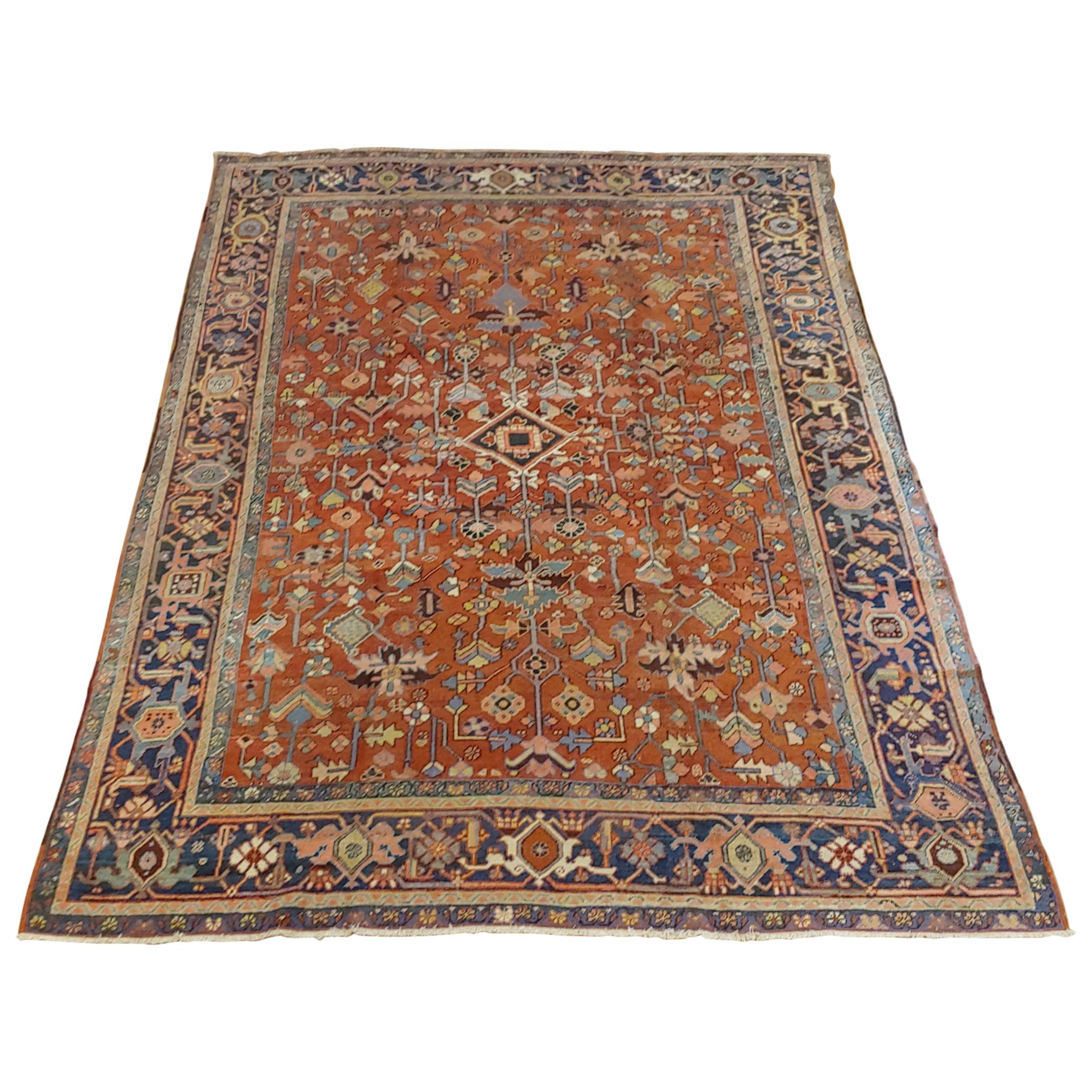 Antique Persian Heriz Rug, Rust Colored, No Medallion, Wool, 1915 For Sale