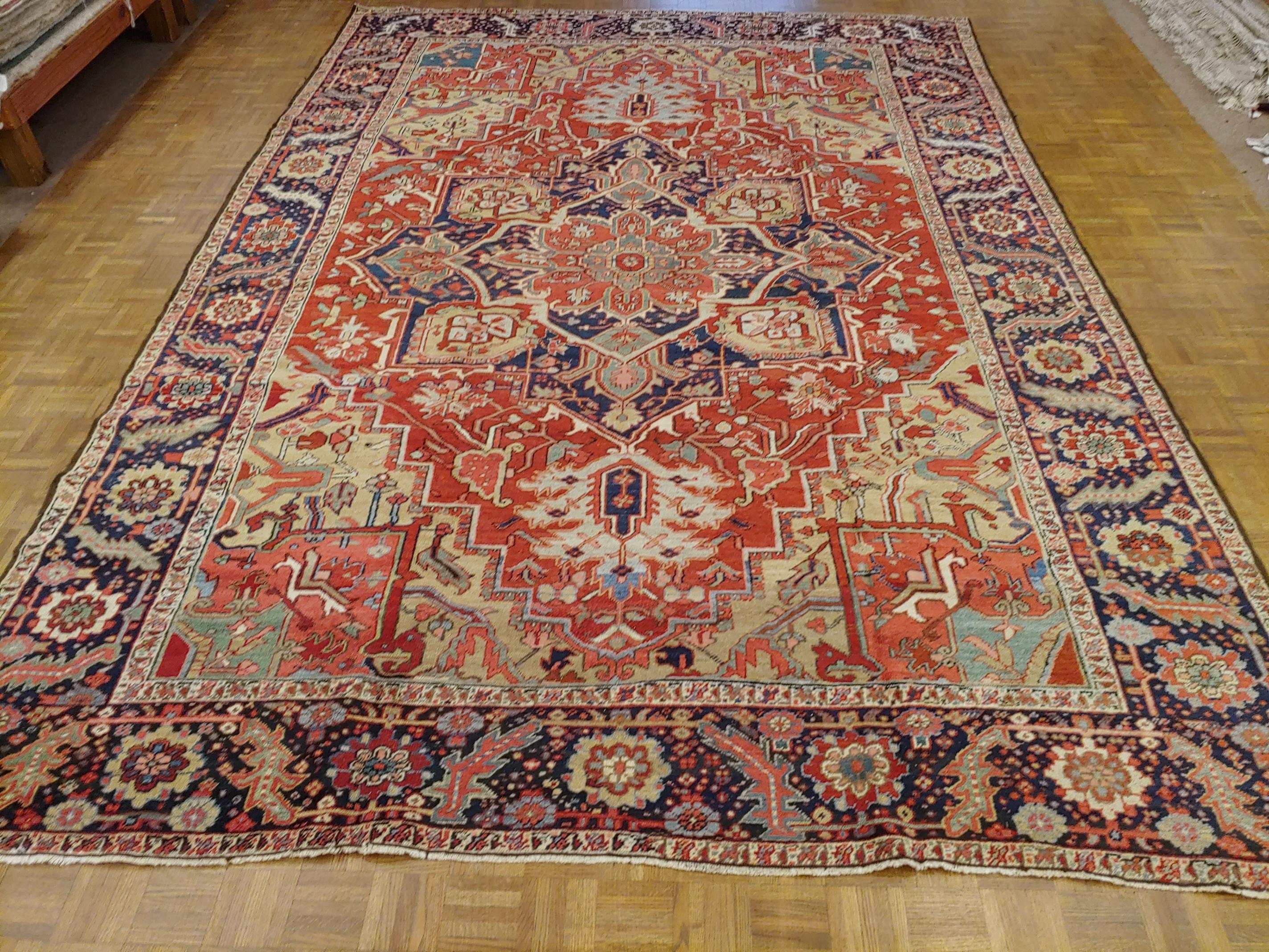 Heriz Serapi Antique Persian Heriz Rug, Rust Colored With Gold, Wool, Room Size For Sale