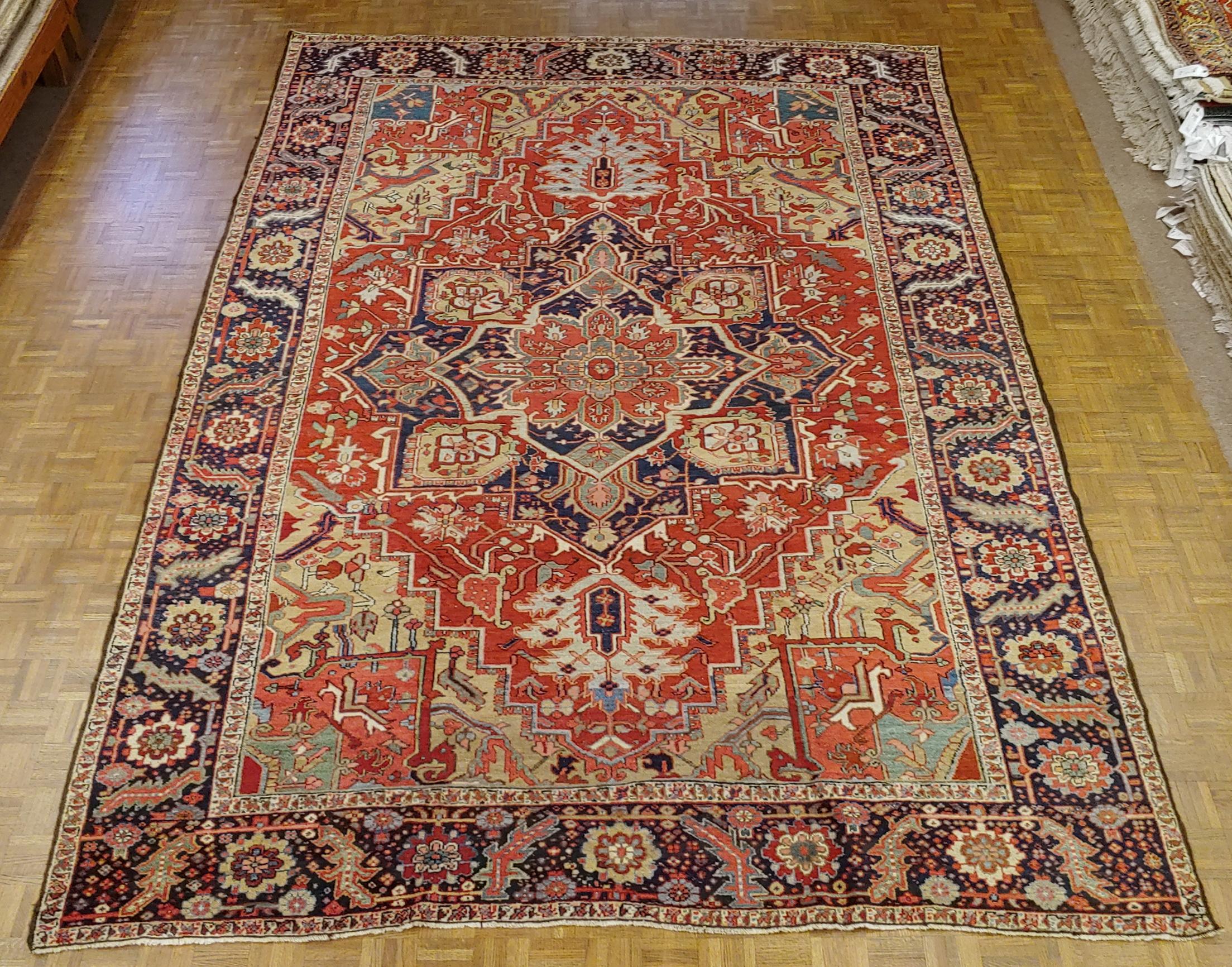 Woven Antique Persian Heriz Rug, Rust Colored With Gold, Wool, Room Size For Sale