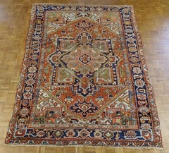 Antique Persian Heriz Rug, Rust Colored with Green and Navy, Wool, 1920