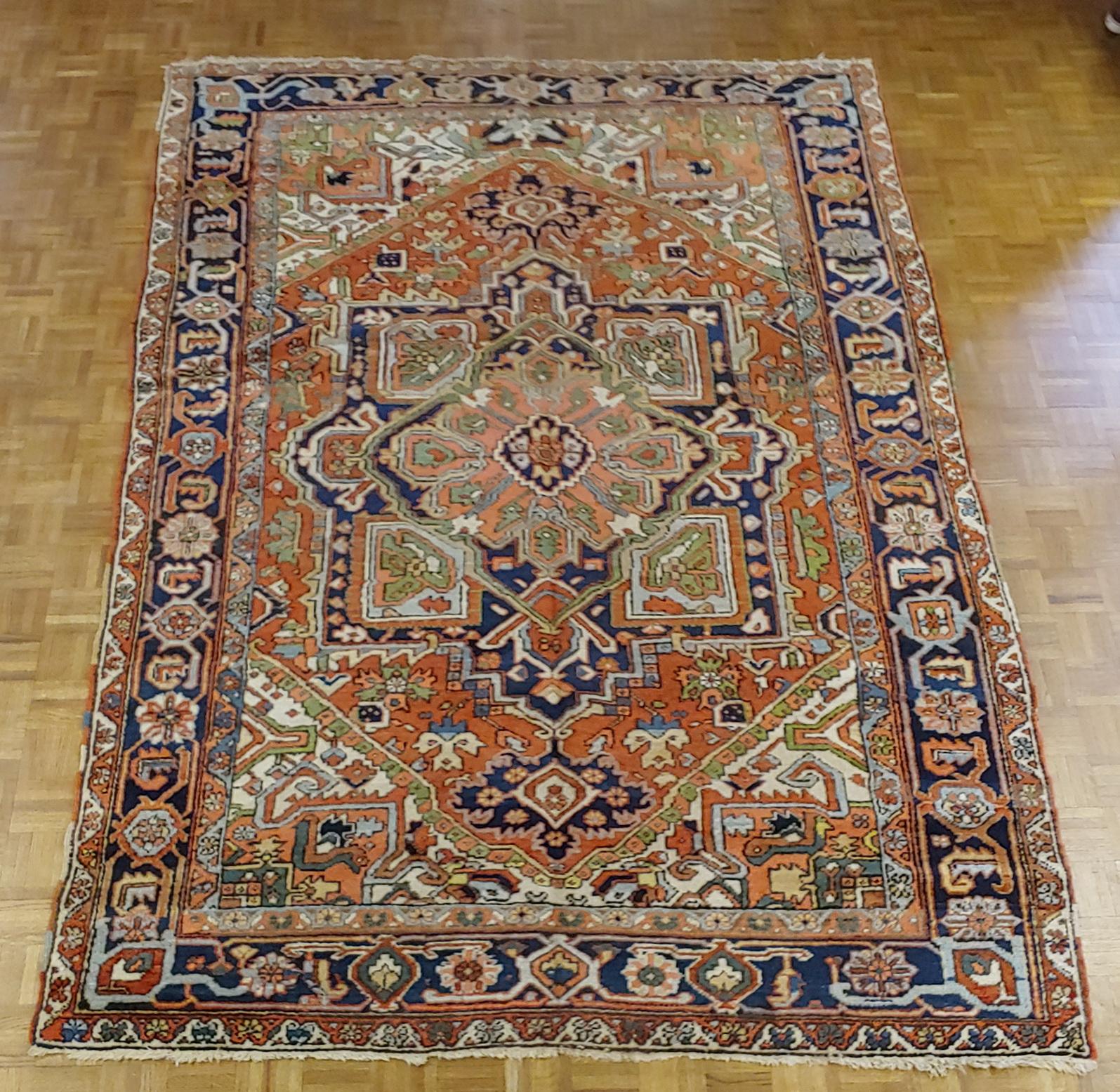 Antique Persian Heriz Rug, Rust Colored with Green and Navy, Wool, 1920 In Good Condition For Sale In Williamsburg, VA