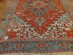 Antique Persian Heriz Rug, Rust Colored with Light Blue Wool, Room Size
