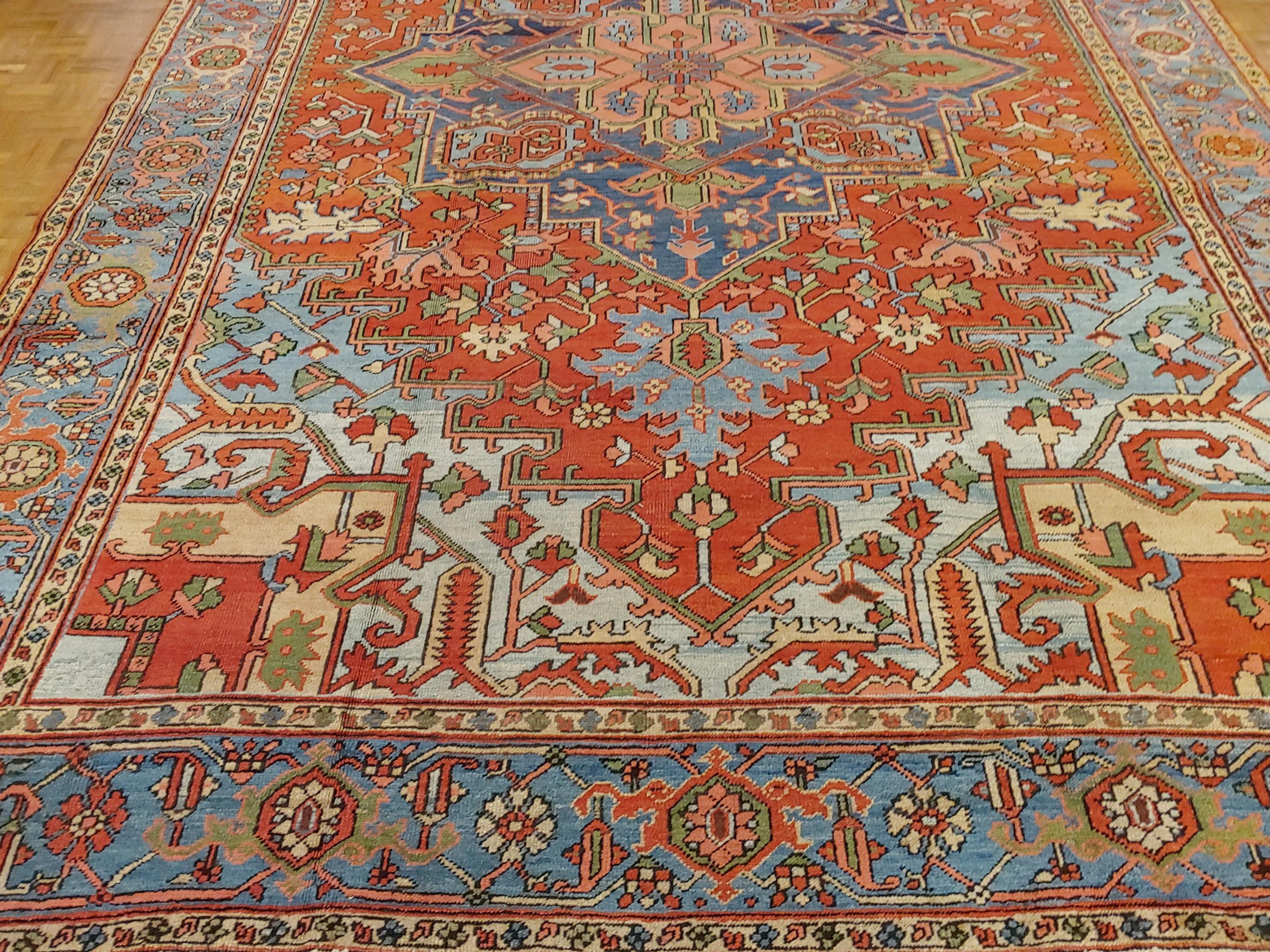 Heriz Serapi Antique Persian Heriz Rug, Rust Colored with Light Blue Wool, Room Size