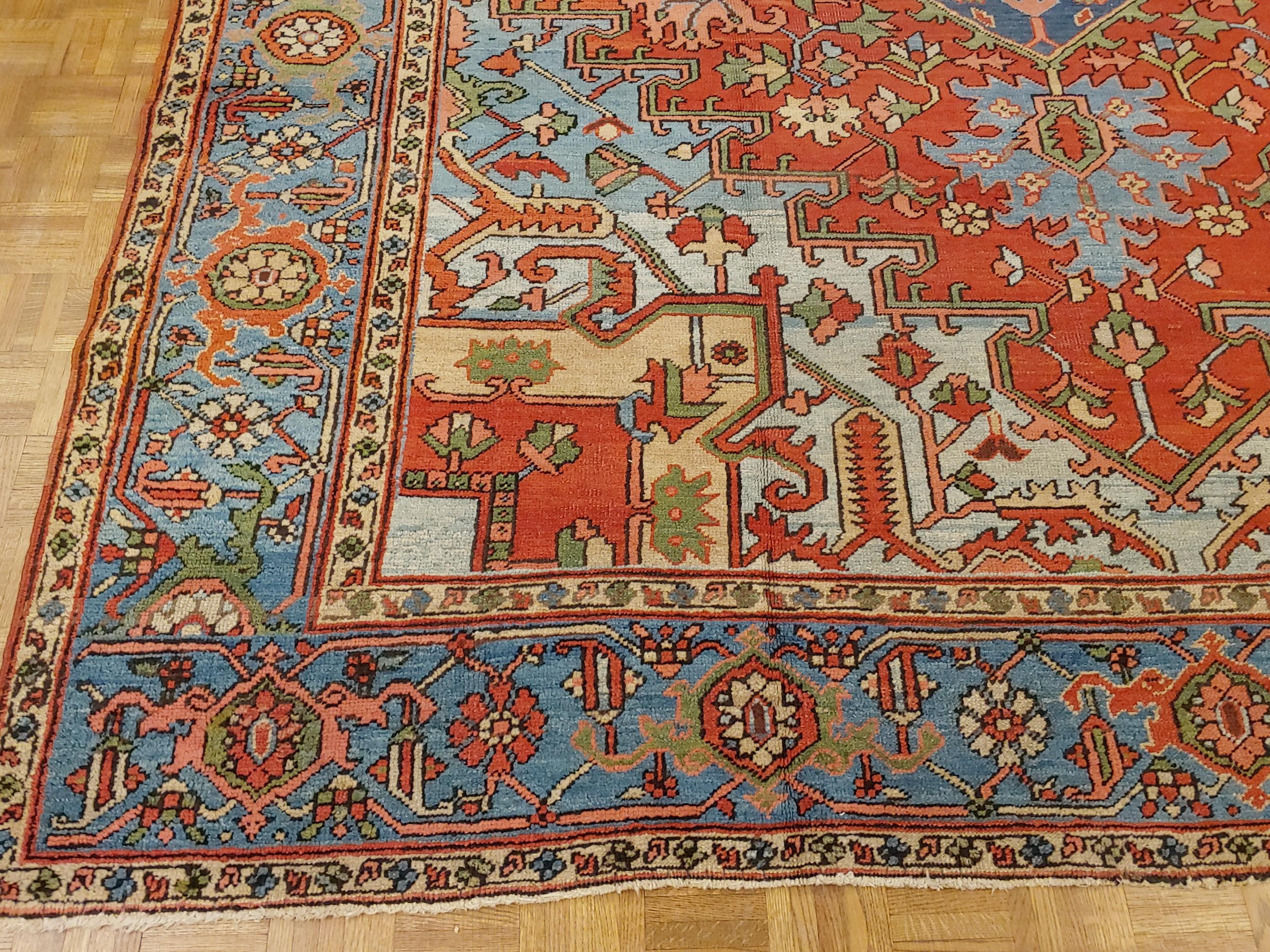 Woven Antique Persian Heriz Rug, Rust Colored with Light Blue Wool, Room Size