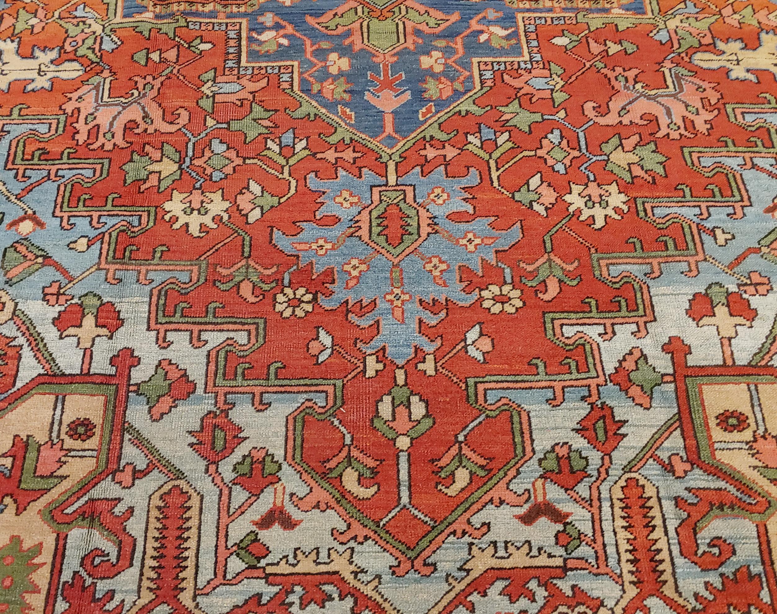 Antique Persian Heriz Rug, Rust Colored with Light Blue Wool, Room Size In Good Condition In Williamsburg, VA